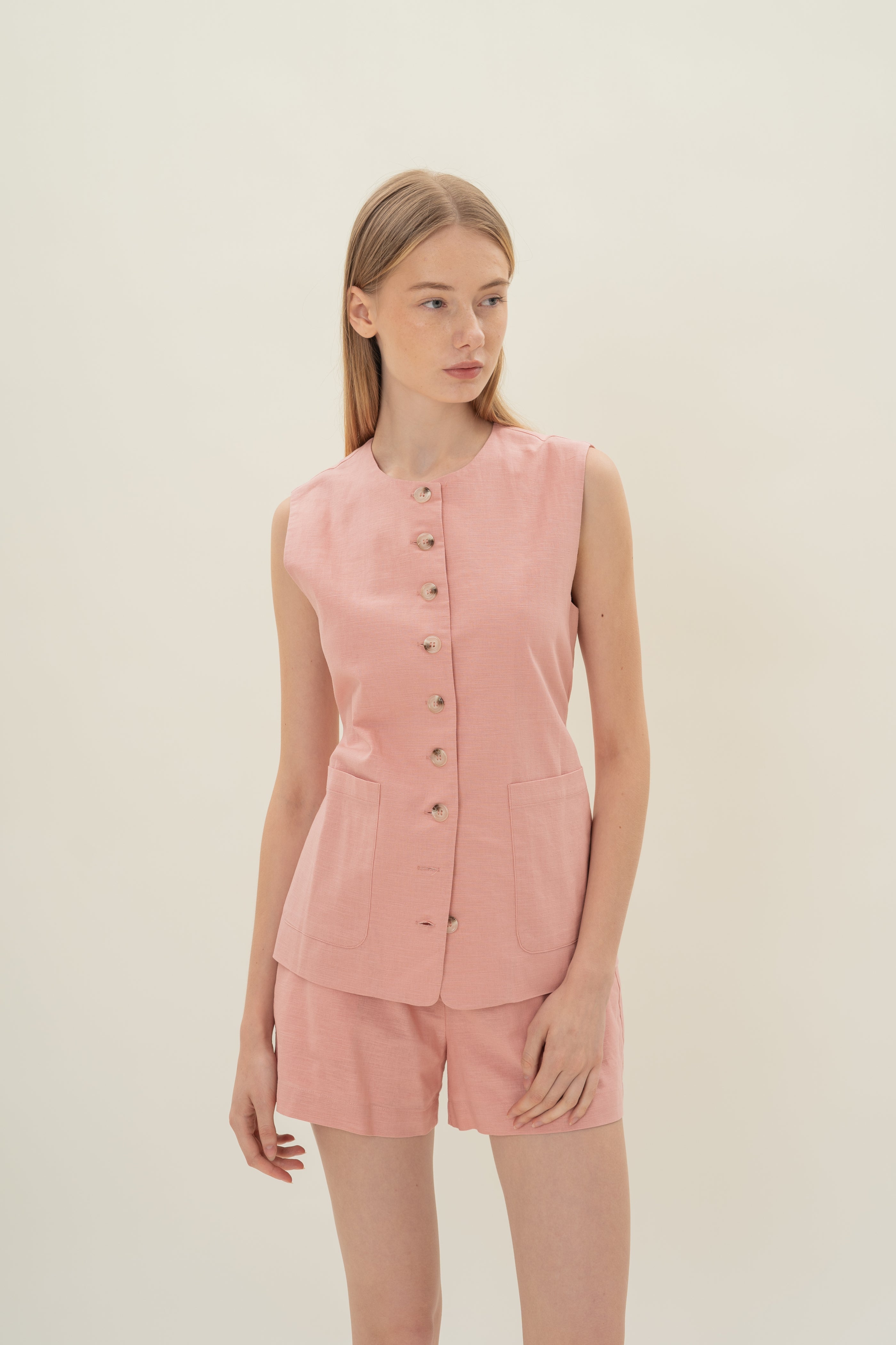 Long Round Neck Waistcoat in Tea Rose