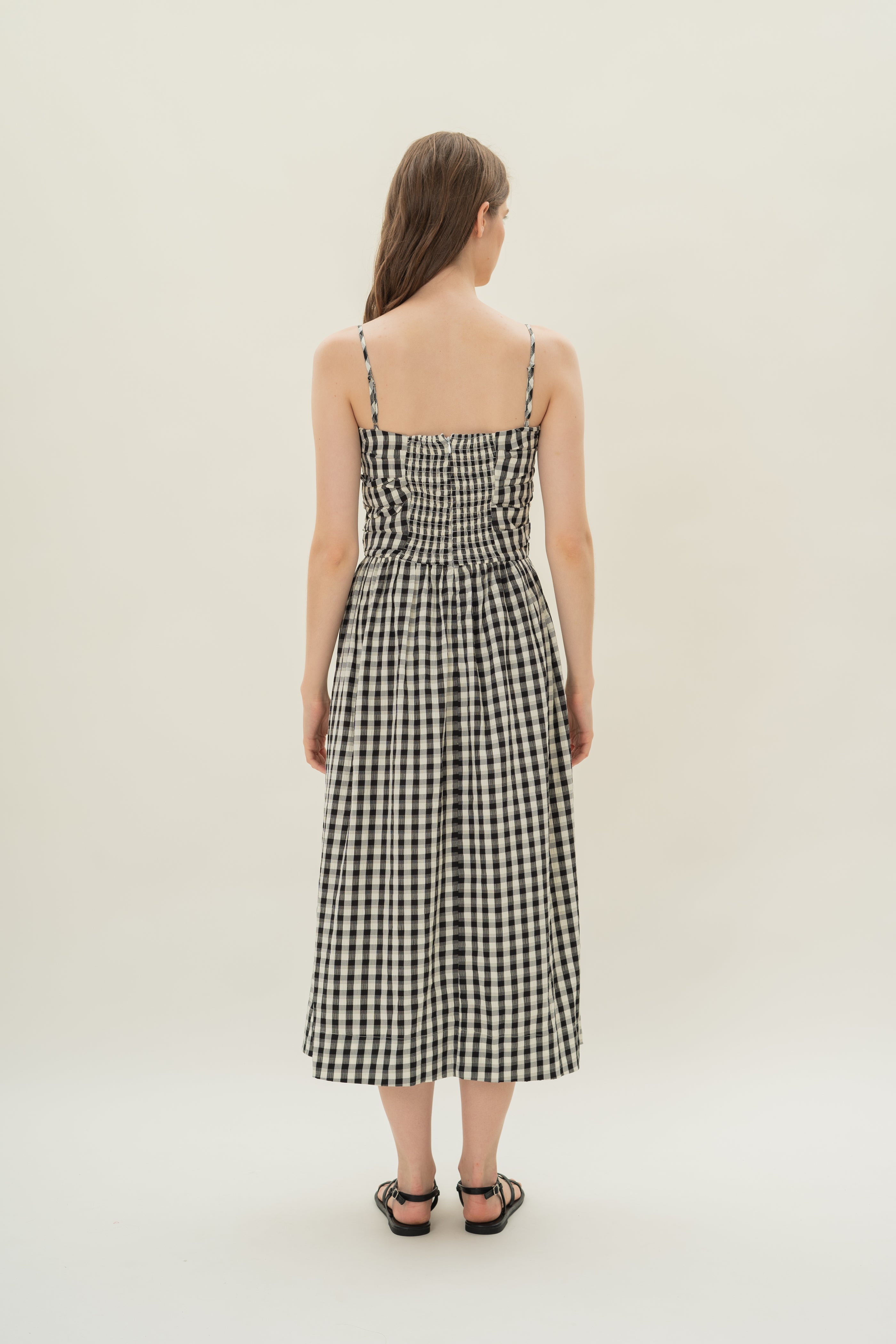 Ruched Midi Dress in Black Gingham