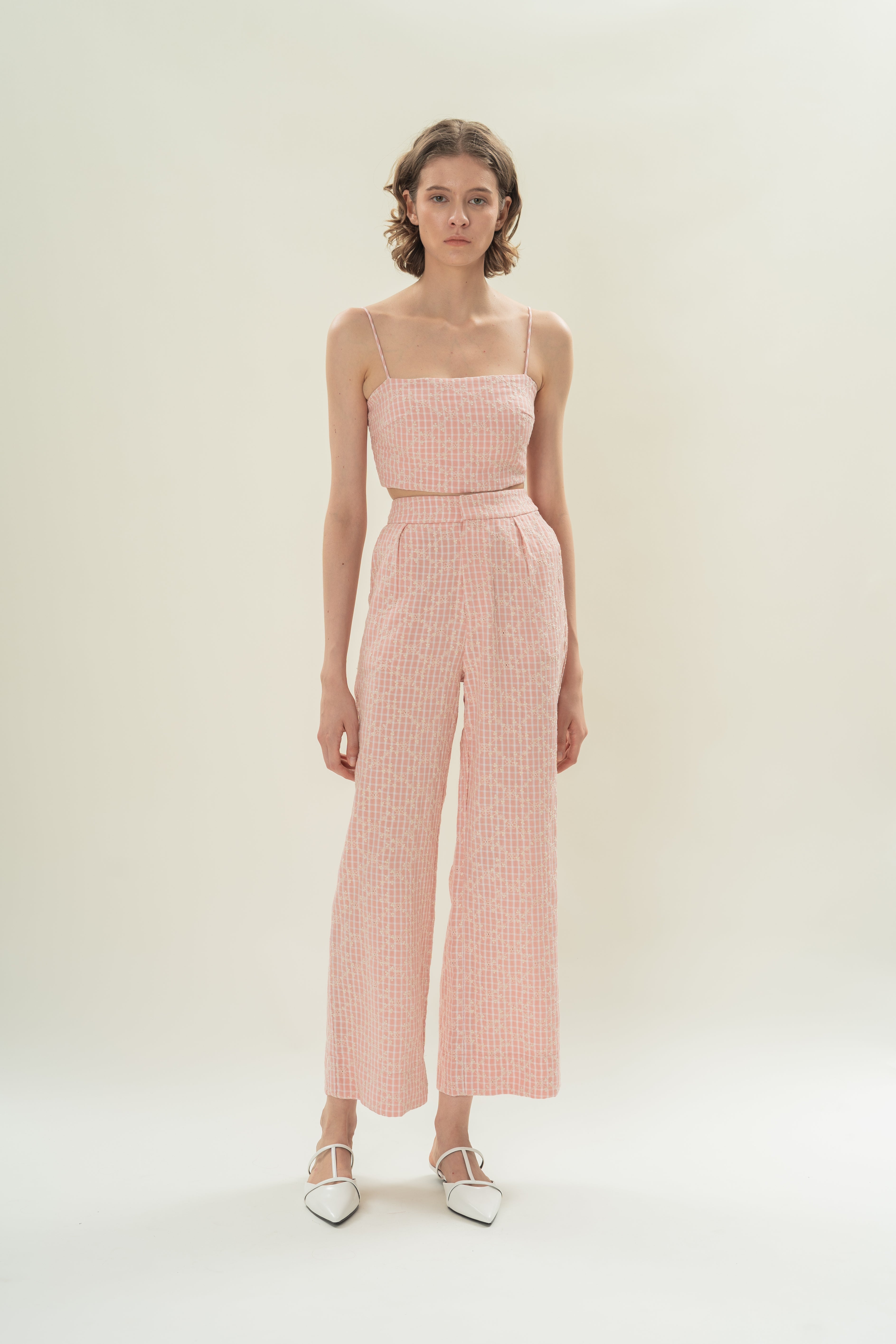 Cotton Pleated Straight Trousers in Pink