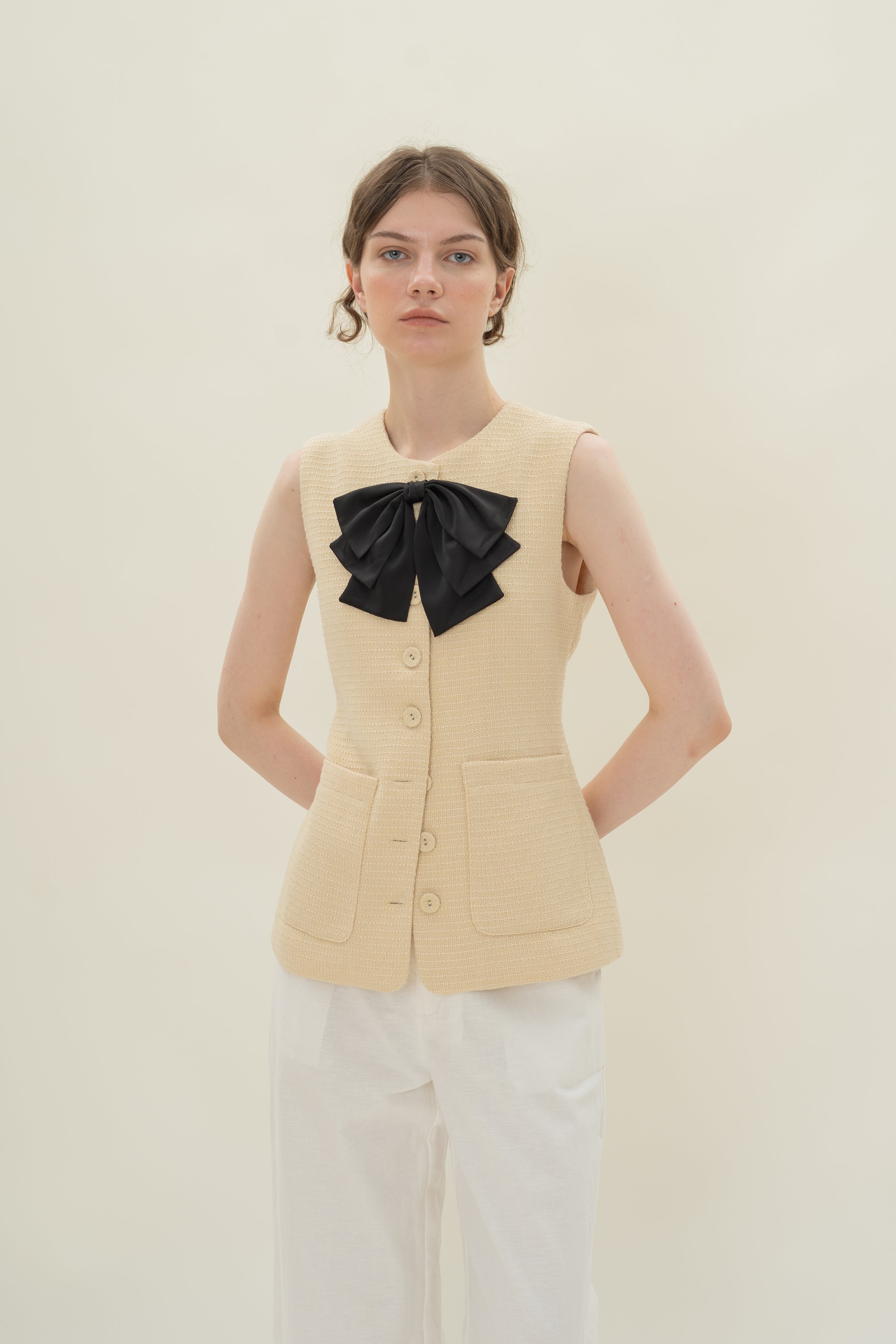 Textured Long Round Neck Waistcoat in Tweed Yellow with Detachable Bow