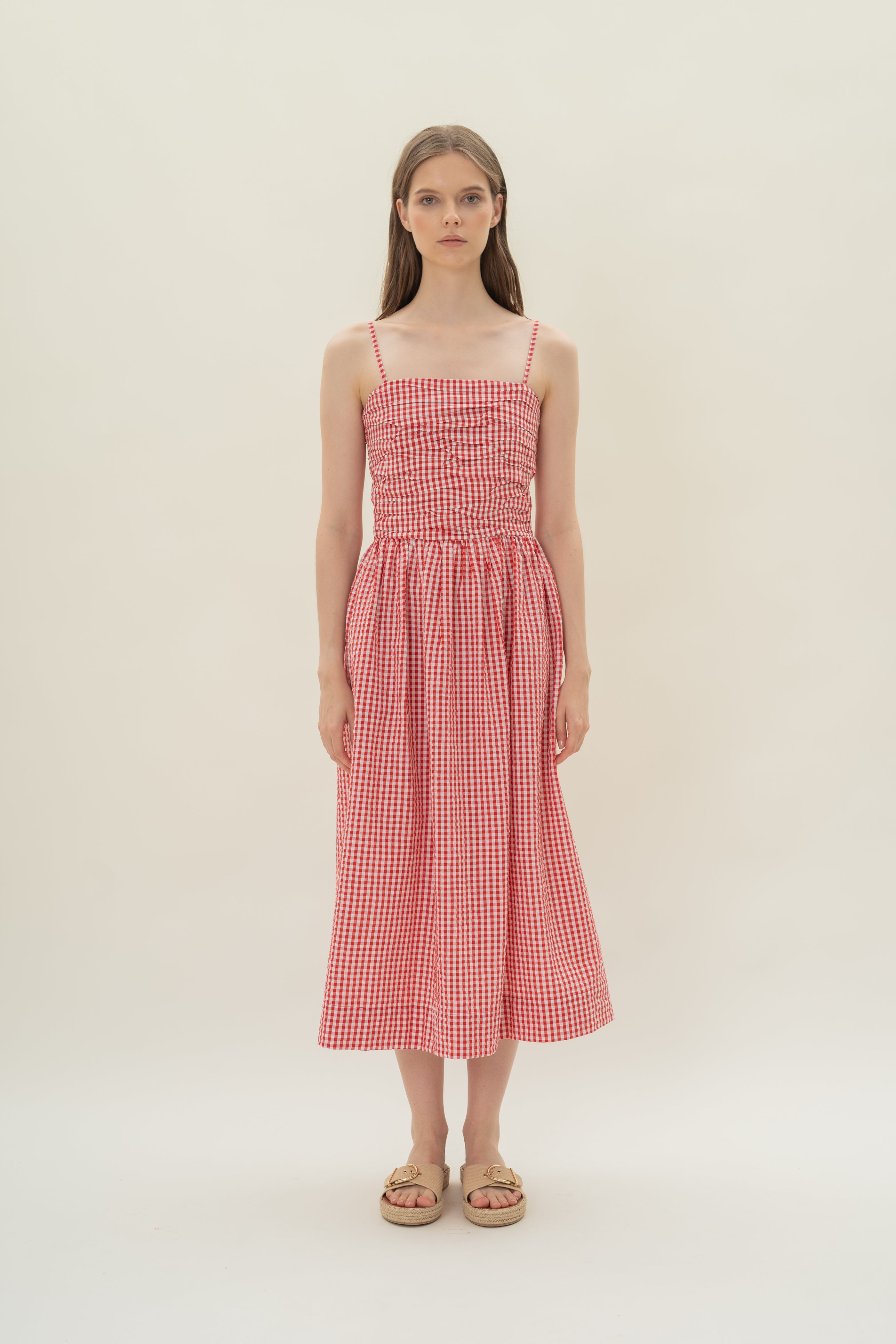 Ruched Midi Dress in Red Gingham