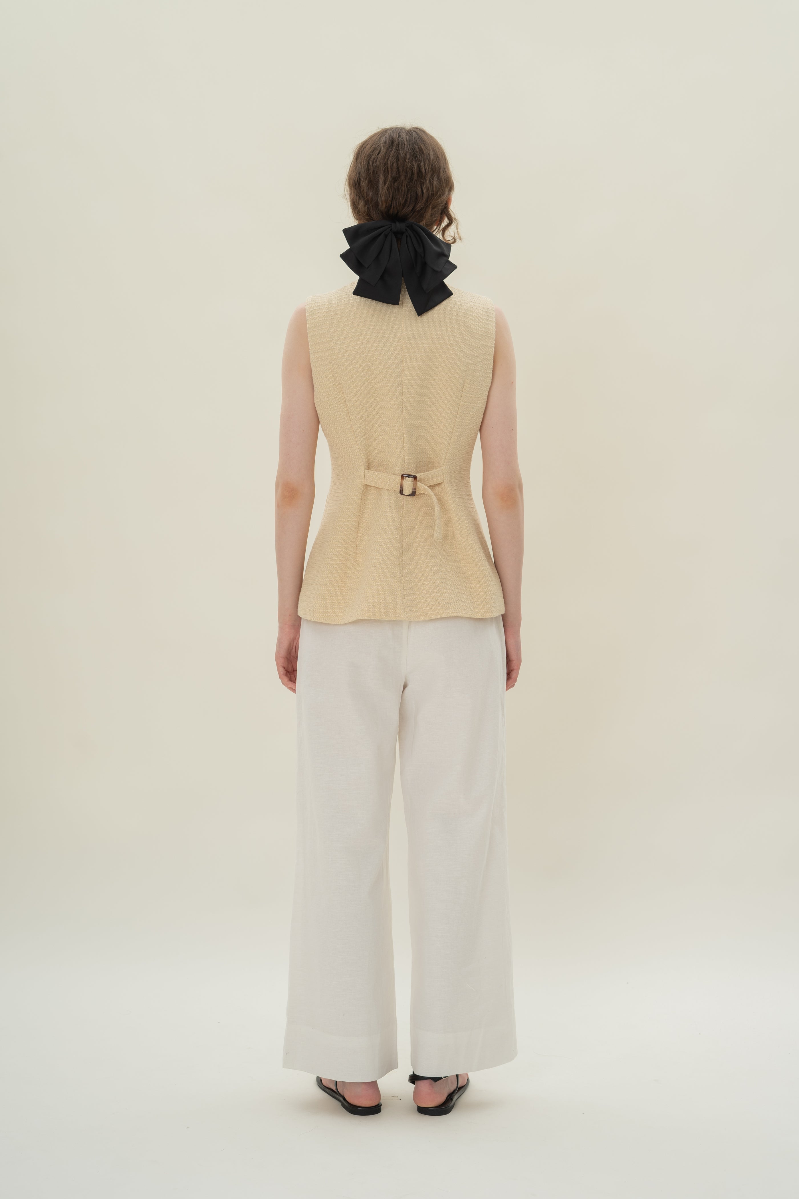 Textured Long Round Neck Waistcoat in Tweed Yellow with Detachable Bow