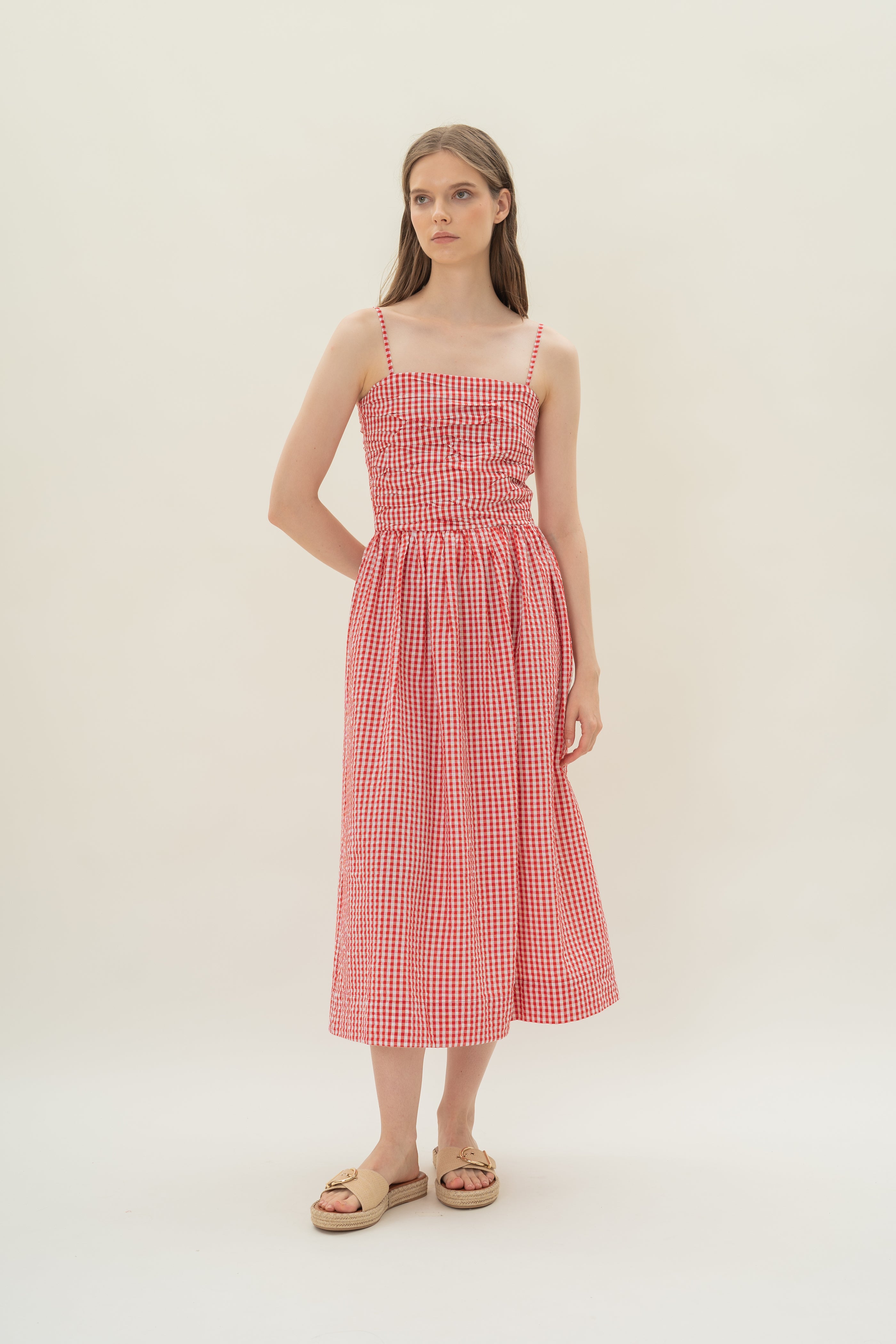 Ruched Midi Dress in Red Gingham