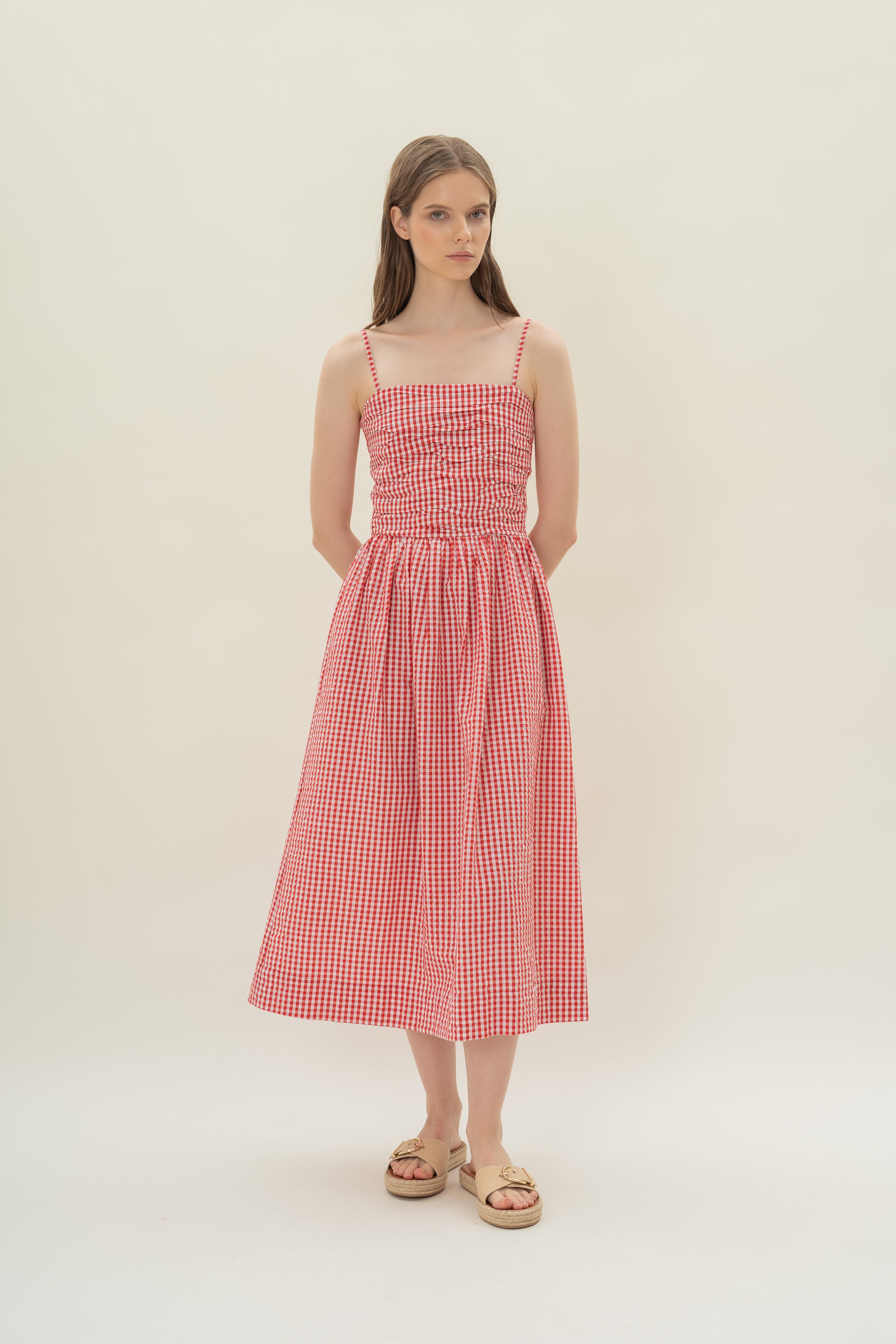 Ruched Midi Dress in Red Gingham