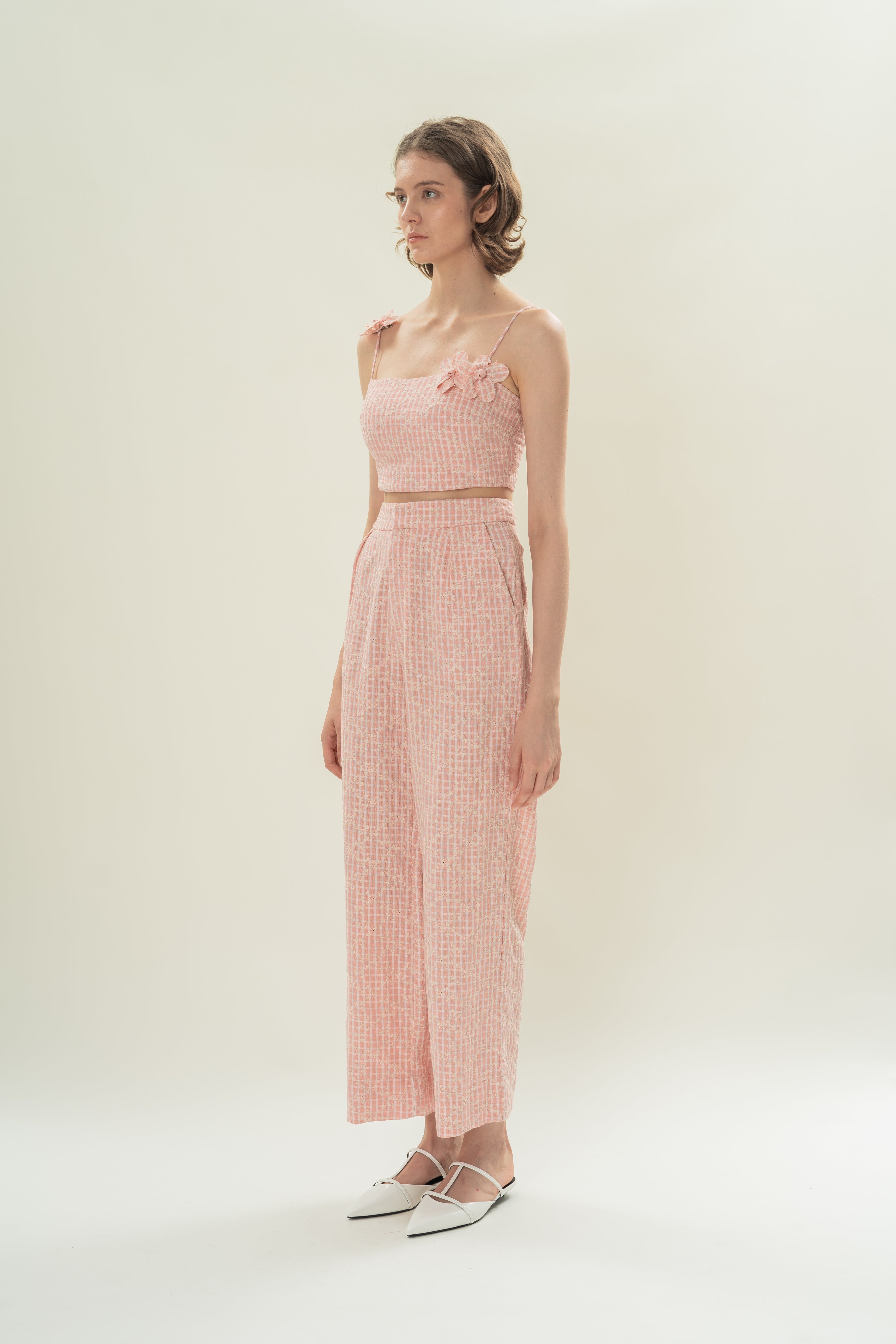 Cotton Pleated Straight Trousers in Pink