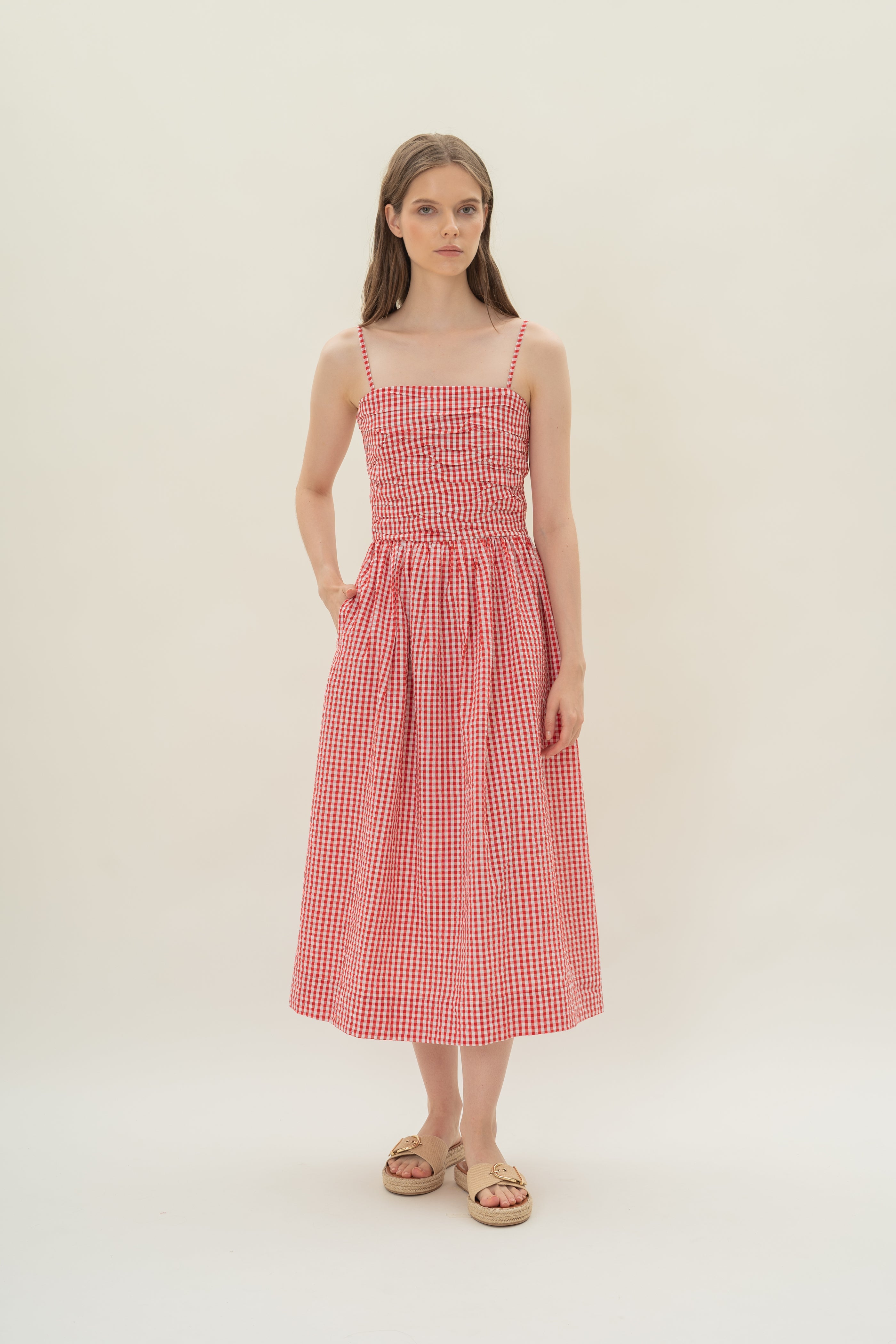 Ruched Midi Dress in Red Gingham