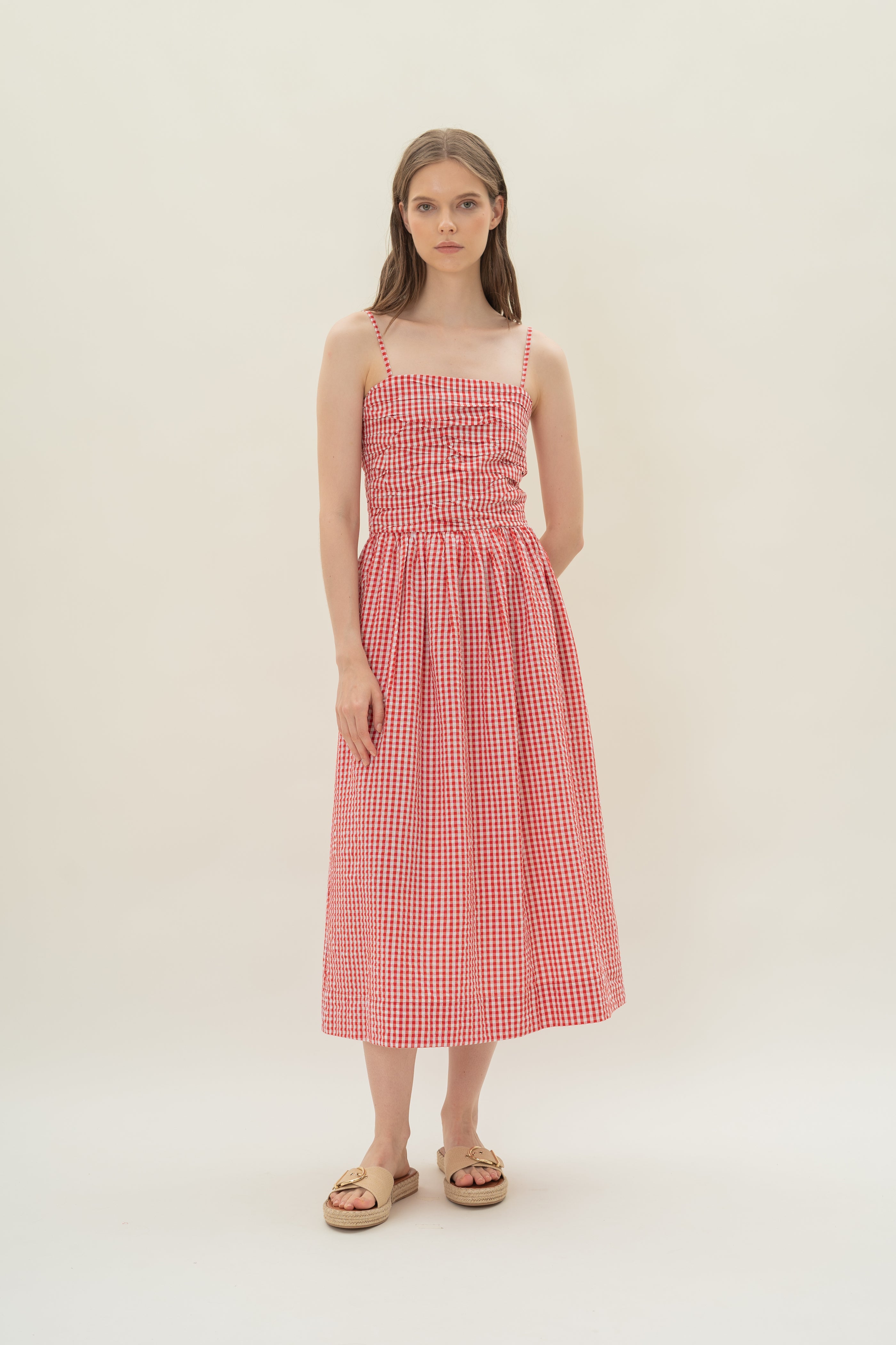 Ruched Midi Dress in Red Gingham