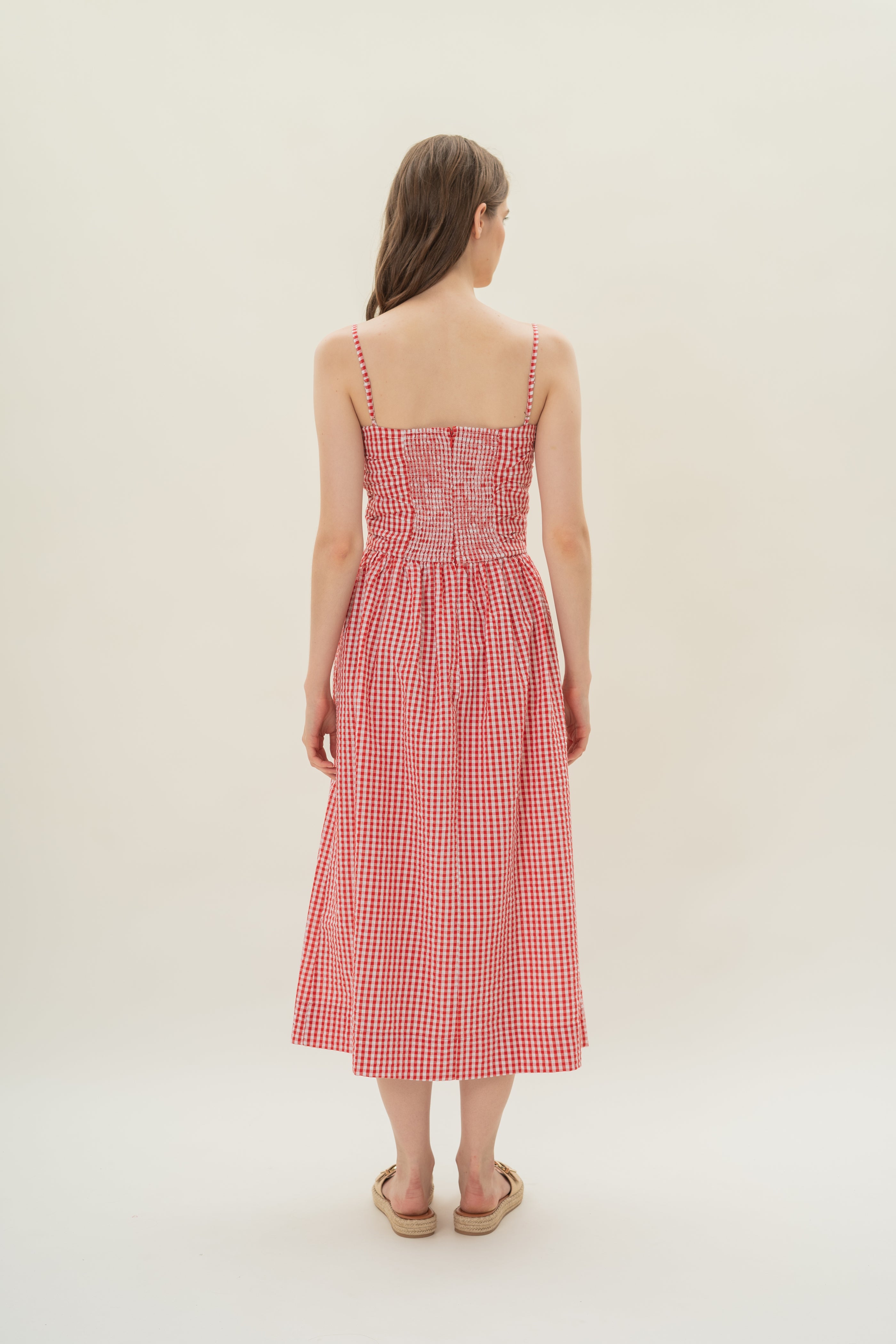 Ruched Midi Dress in Red Gingham