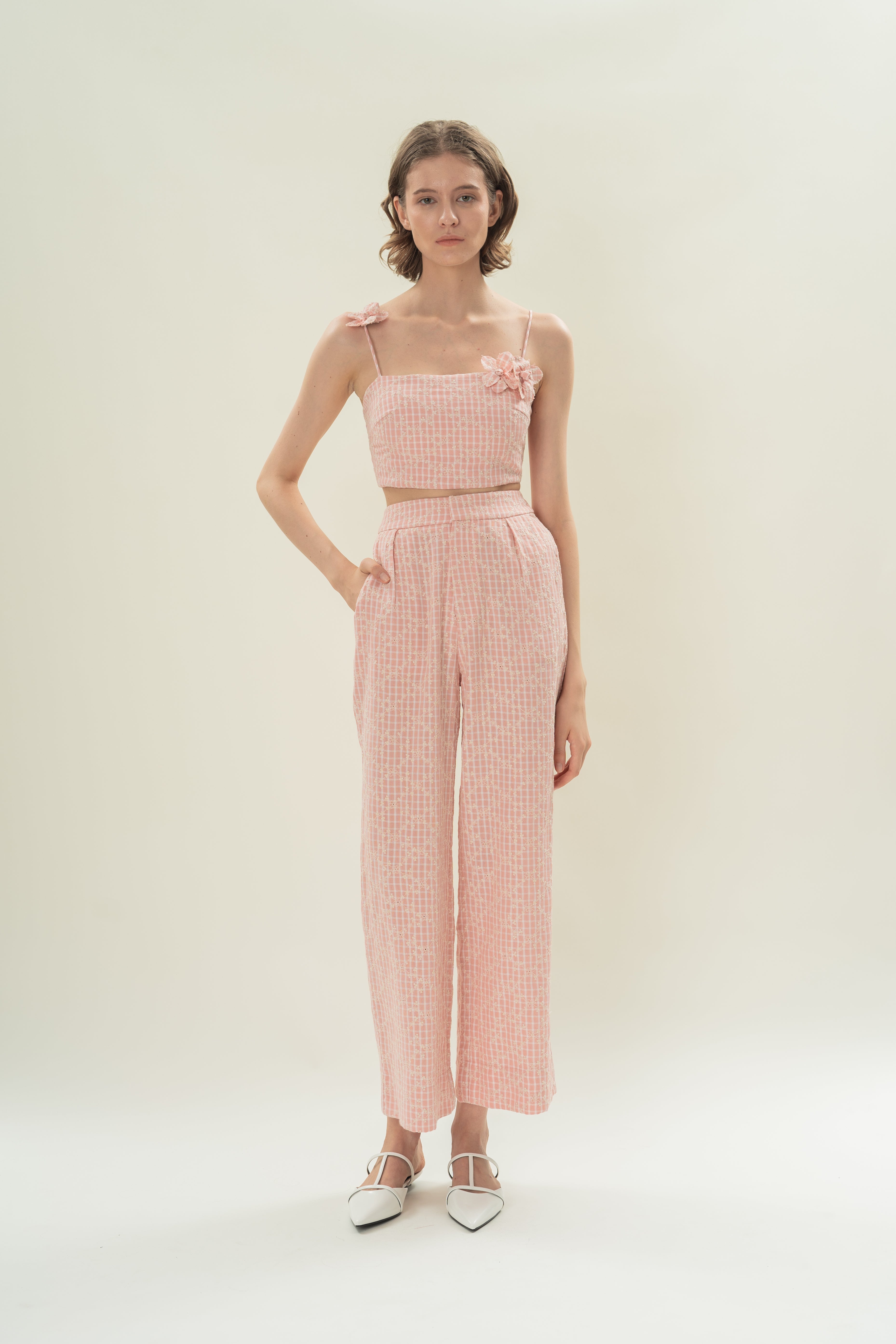 Cotton Pleated Straight Trousers in Pink