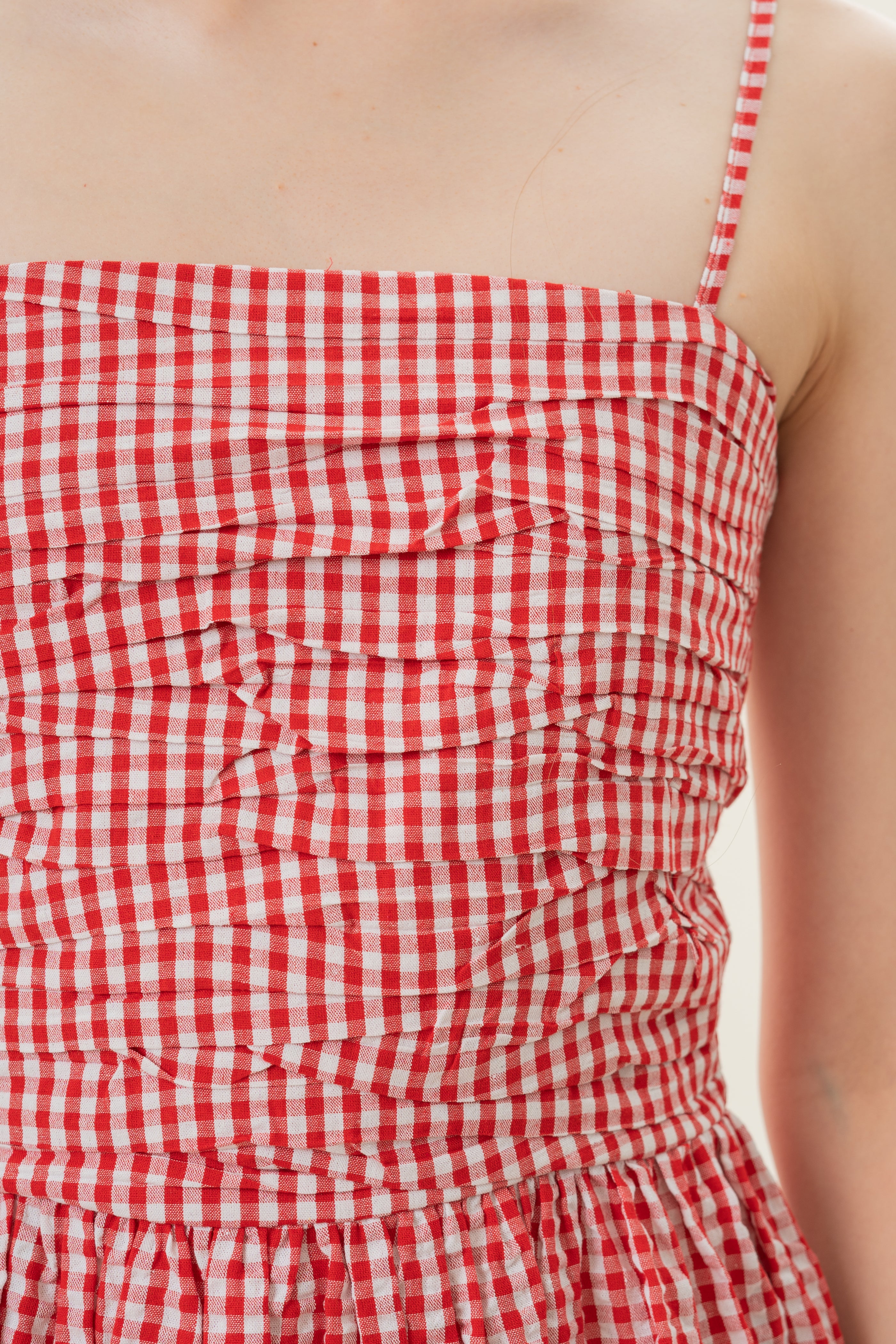 Ruched Midi Dress in Red Gingham