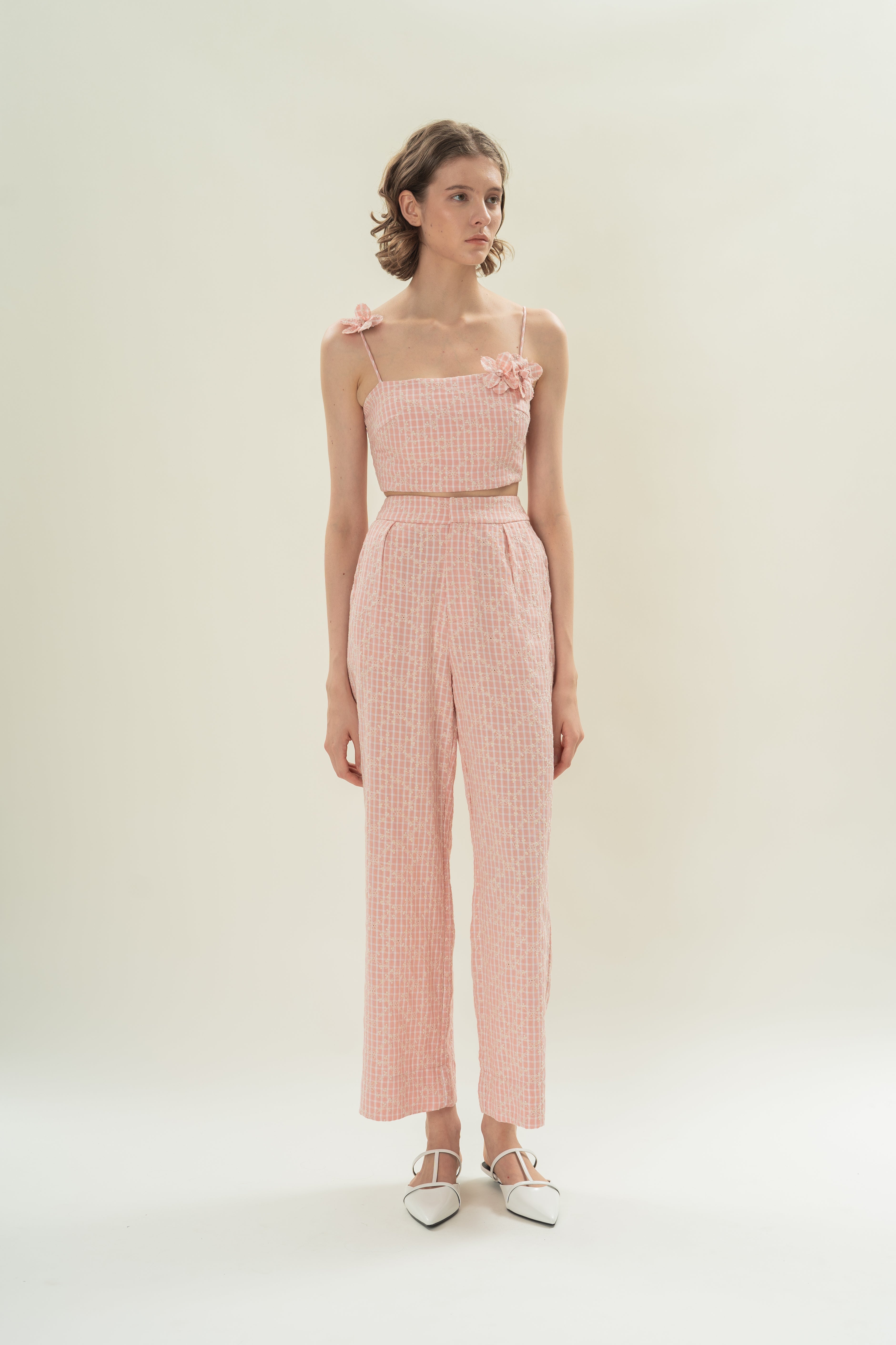 Cotton Pleated Straight Trousers in Pink