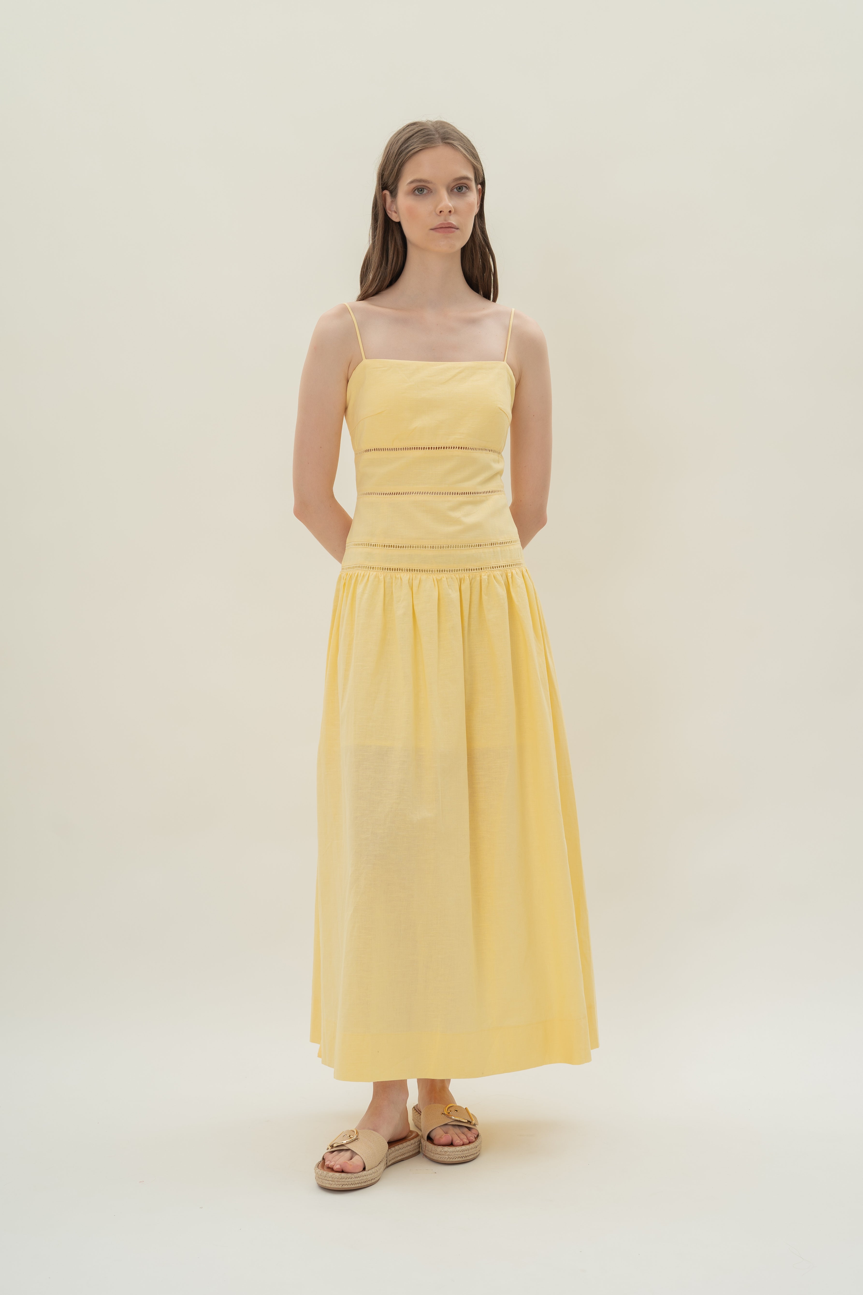 Linen Padded Tiered Sundress in Lemon