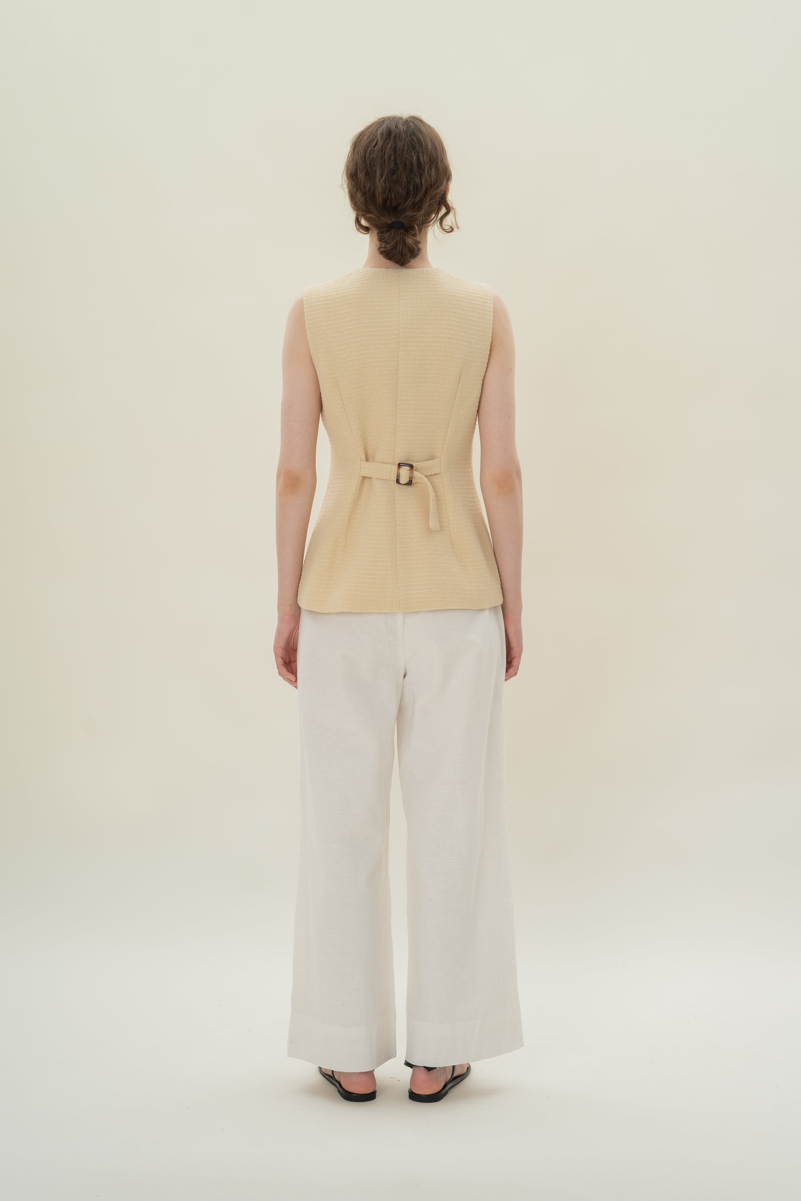 Textured Long Round Neck Waistcoat in Tweed Yellow with Detachable Bow