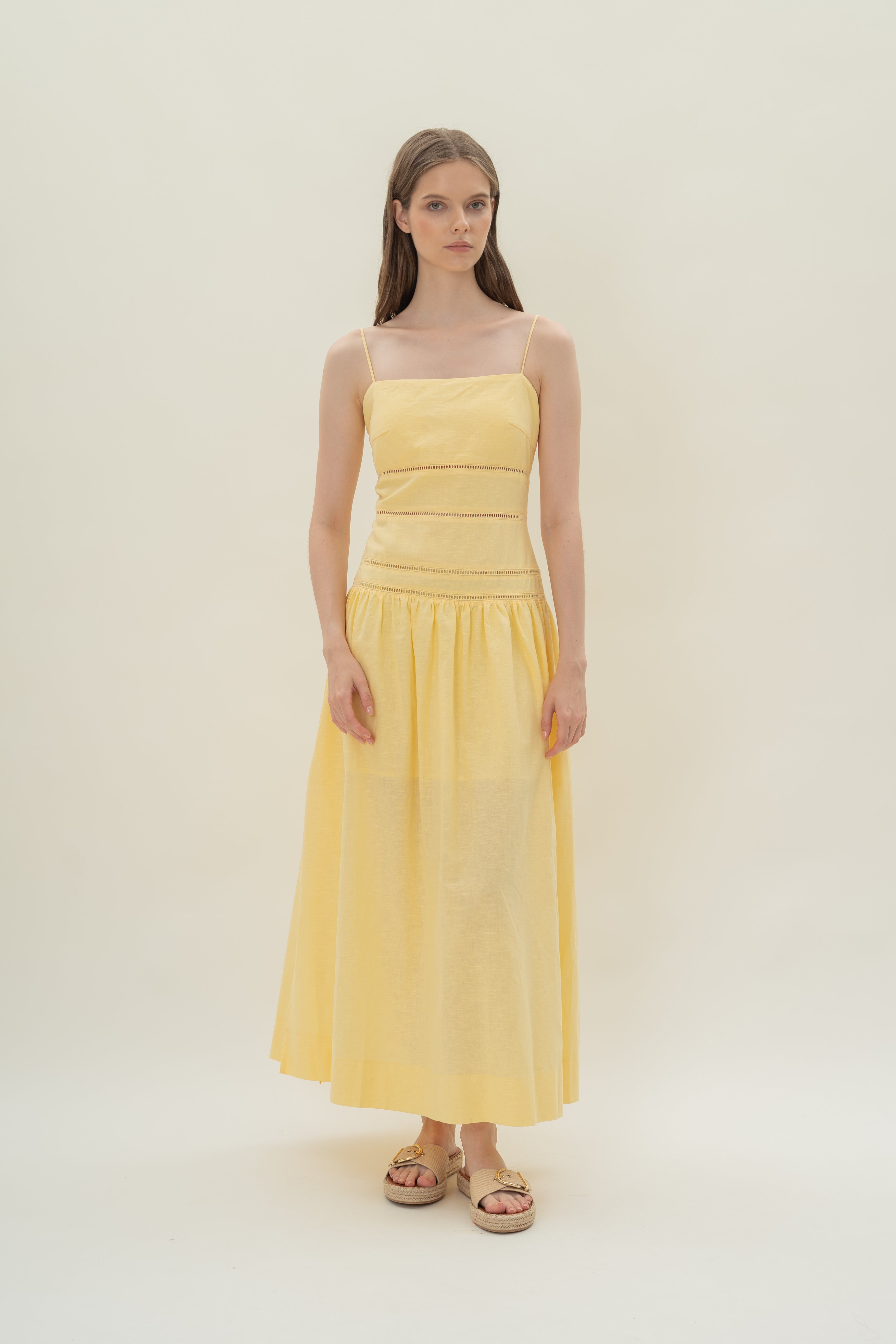 Linen Padded Tiered Sundress in Lemon