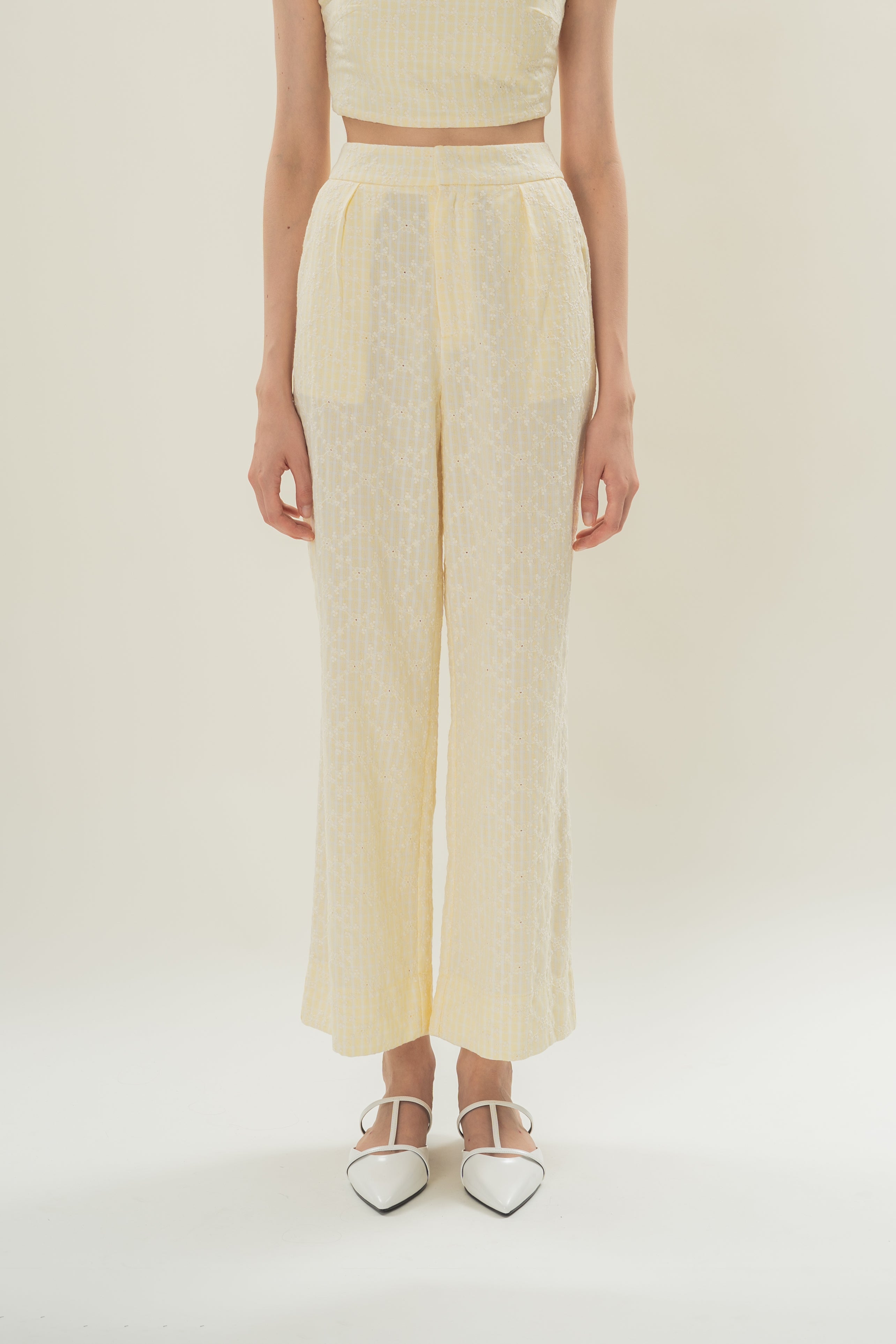 Cotton Pleated Straight Trousers in Yellow