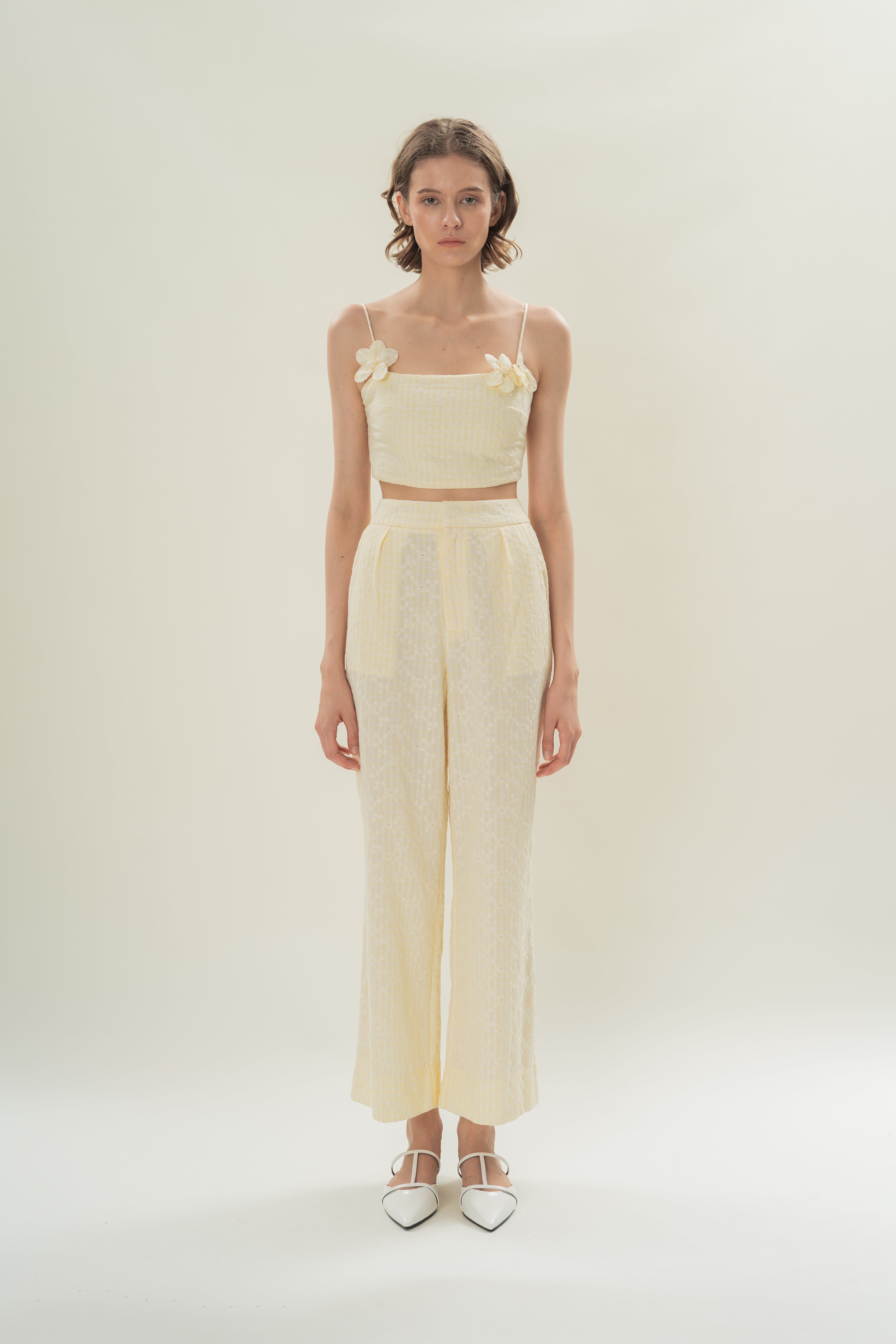 Cotton Pleated Straight Trousers in Yellow