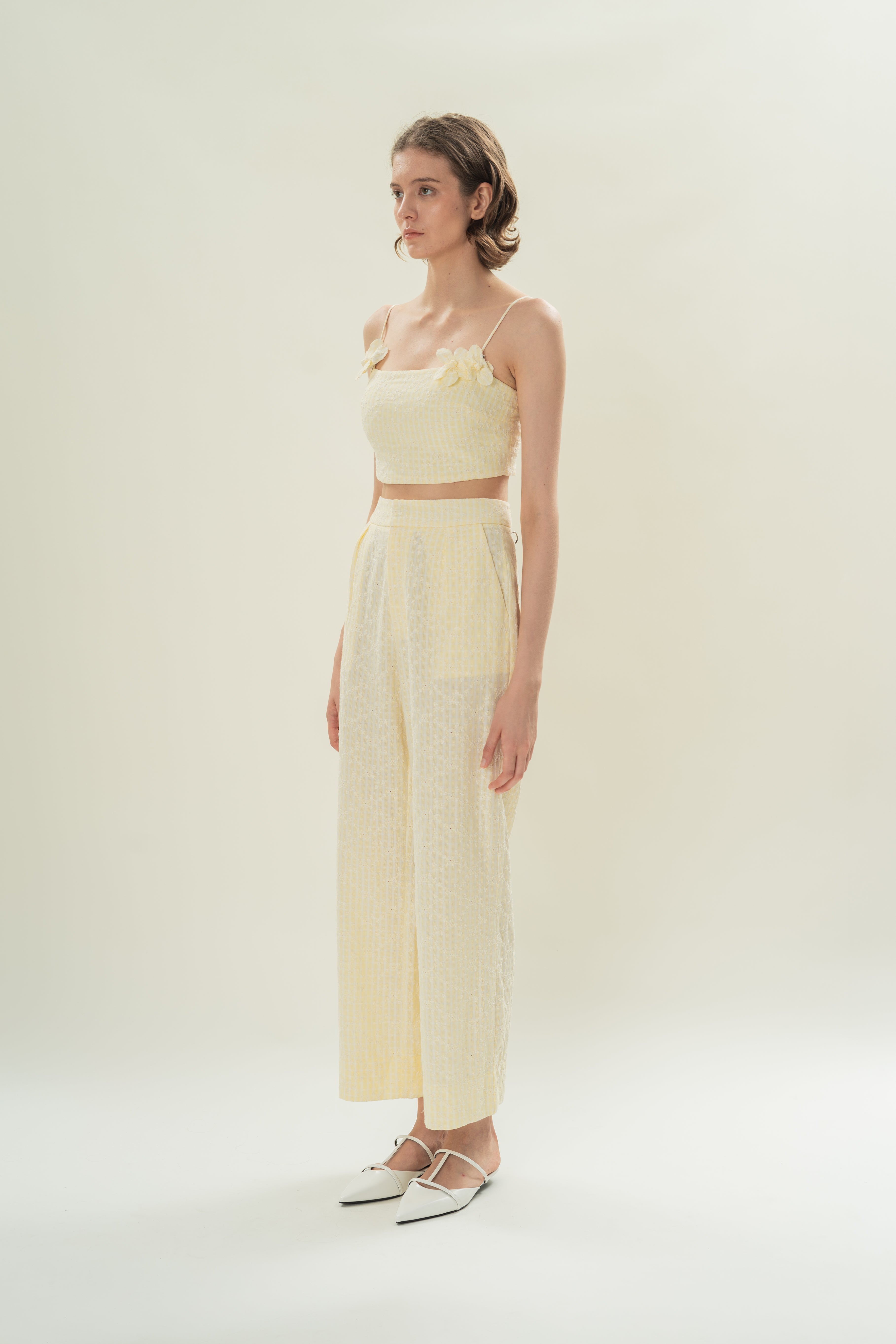 Cotton Pleated Straight Trousers in Yellow