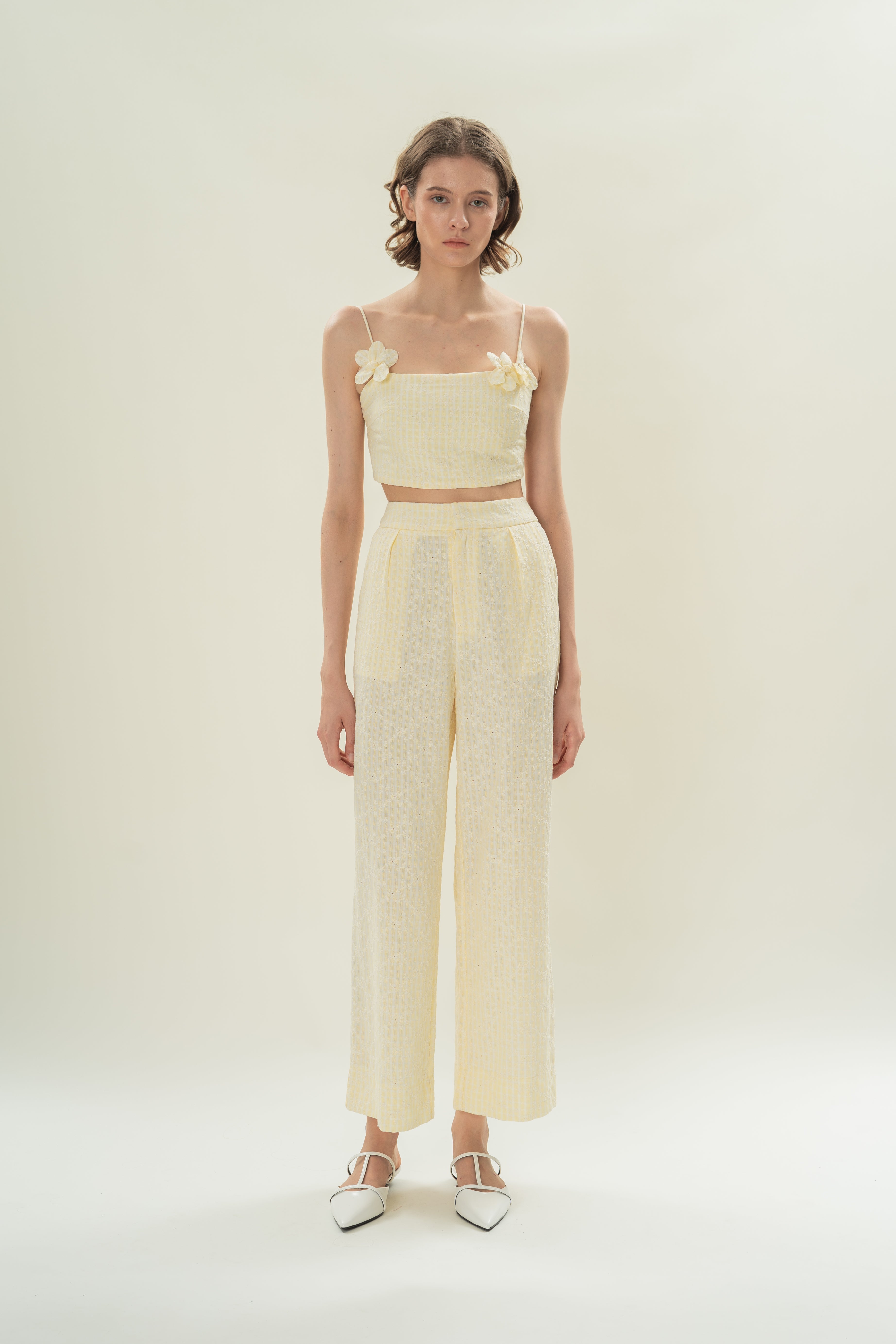 Cotton Pleated Straight Trousers in Yellow