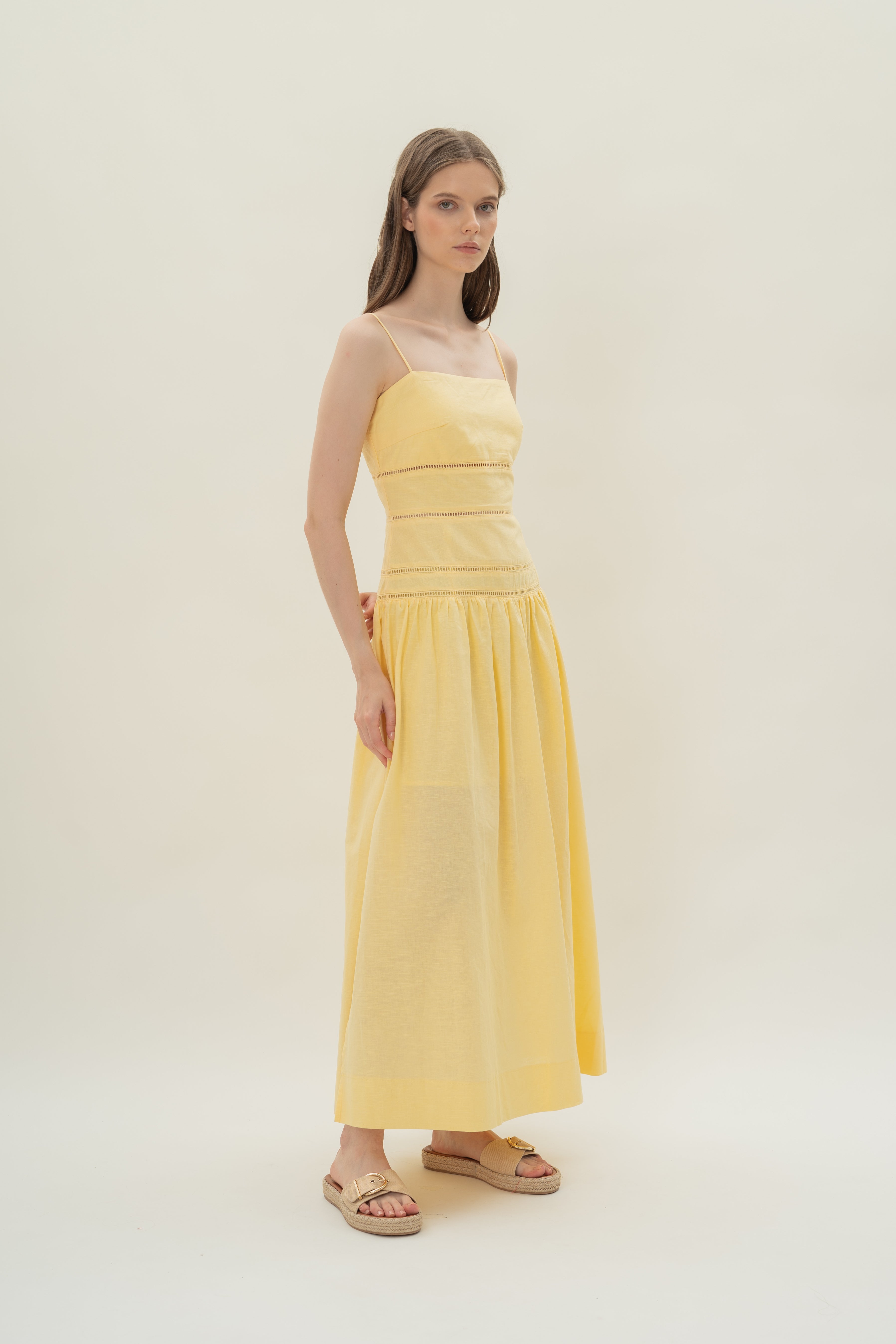 Linen Padded Tiered Sundress in Lemon
