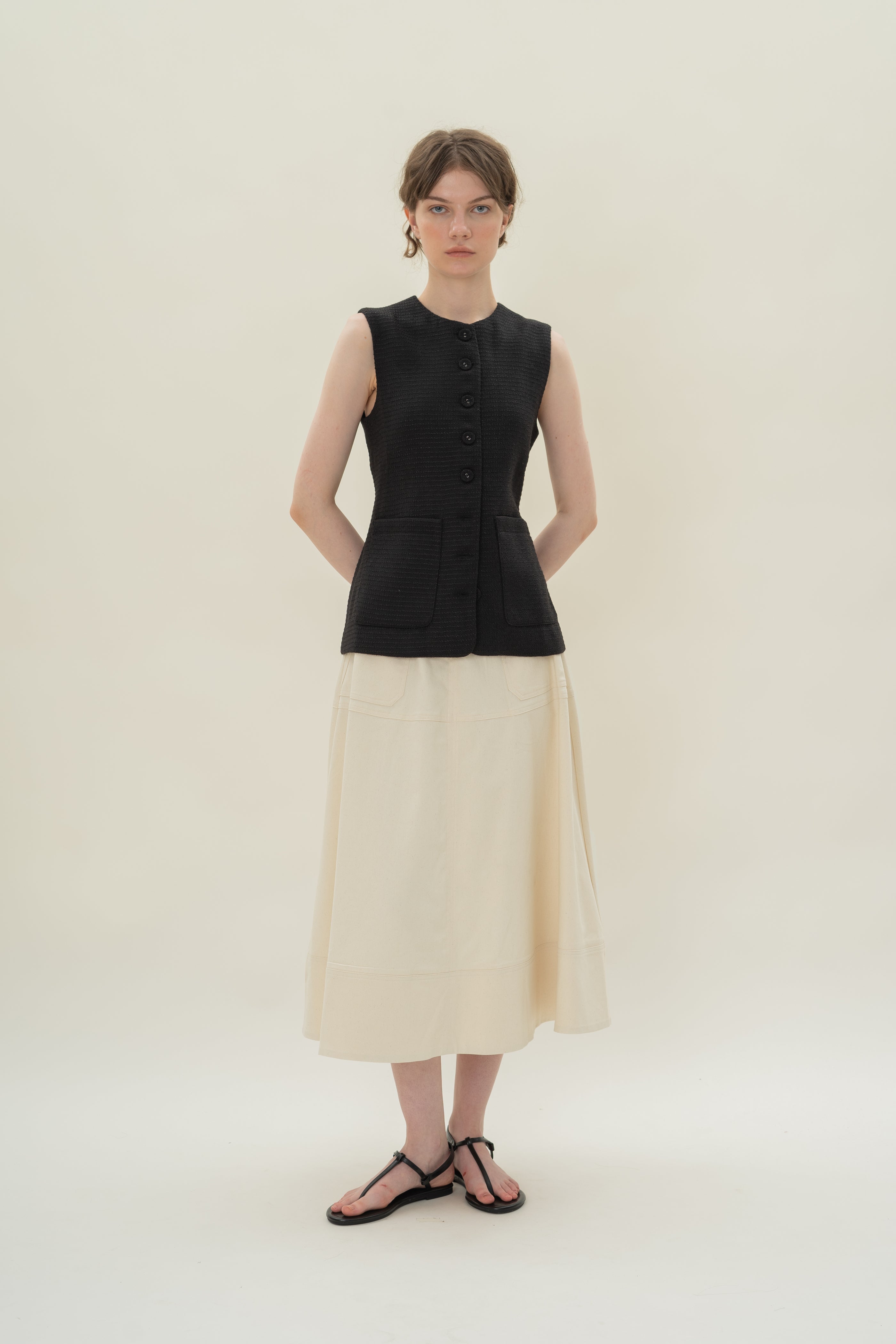 Textured Long Round Neck Waistcoat in Tweed Black with Detachable Bow