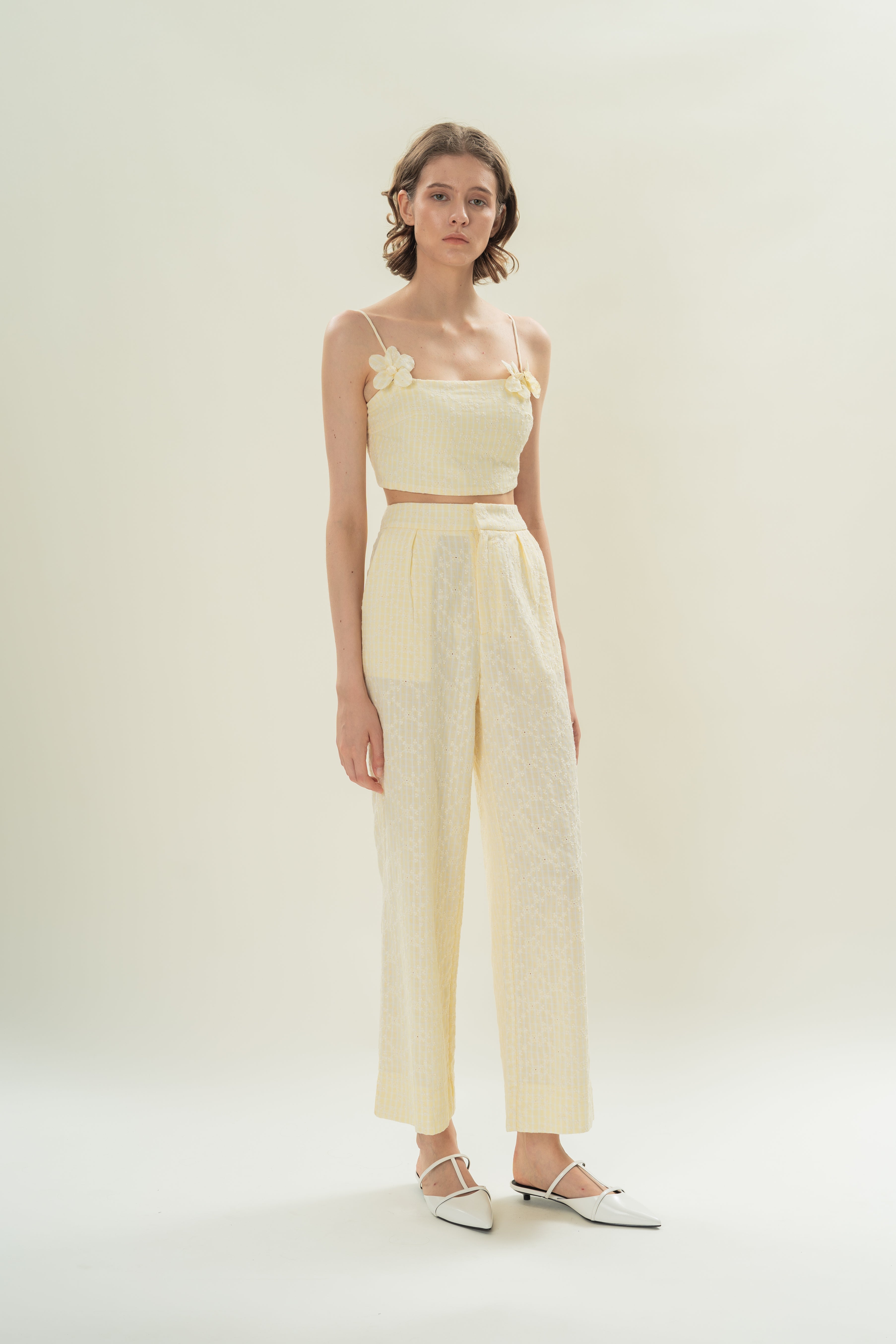 Cotton Pleated Straight Trousers in Yellow