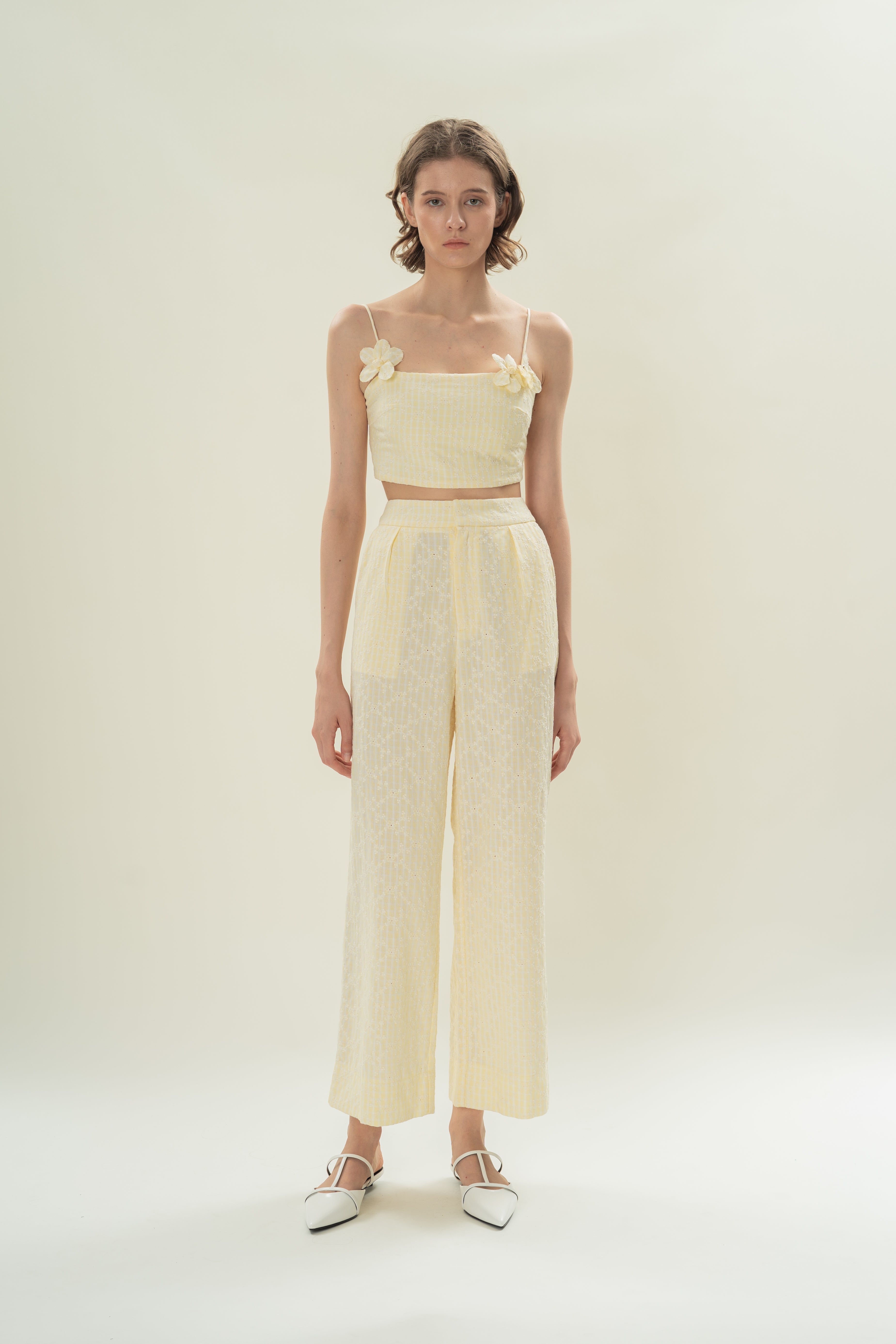 Cotton Pleated Straight Trousers in Yellow