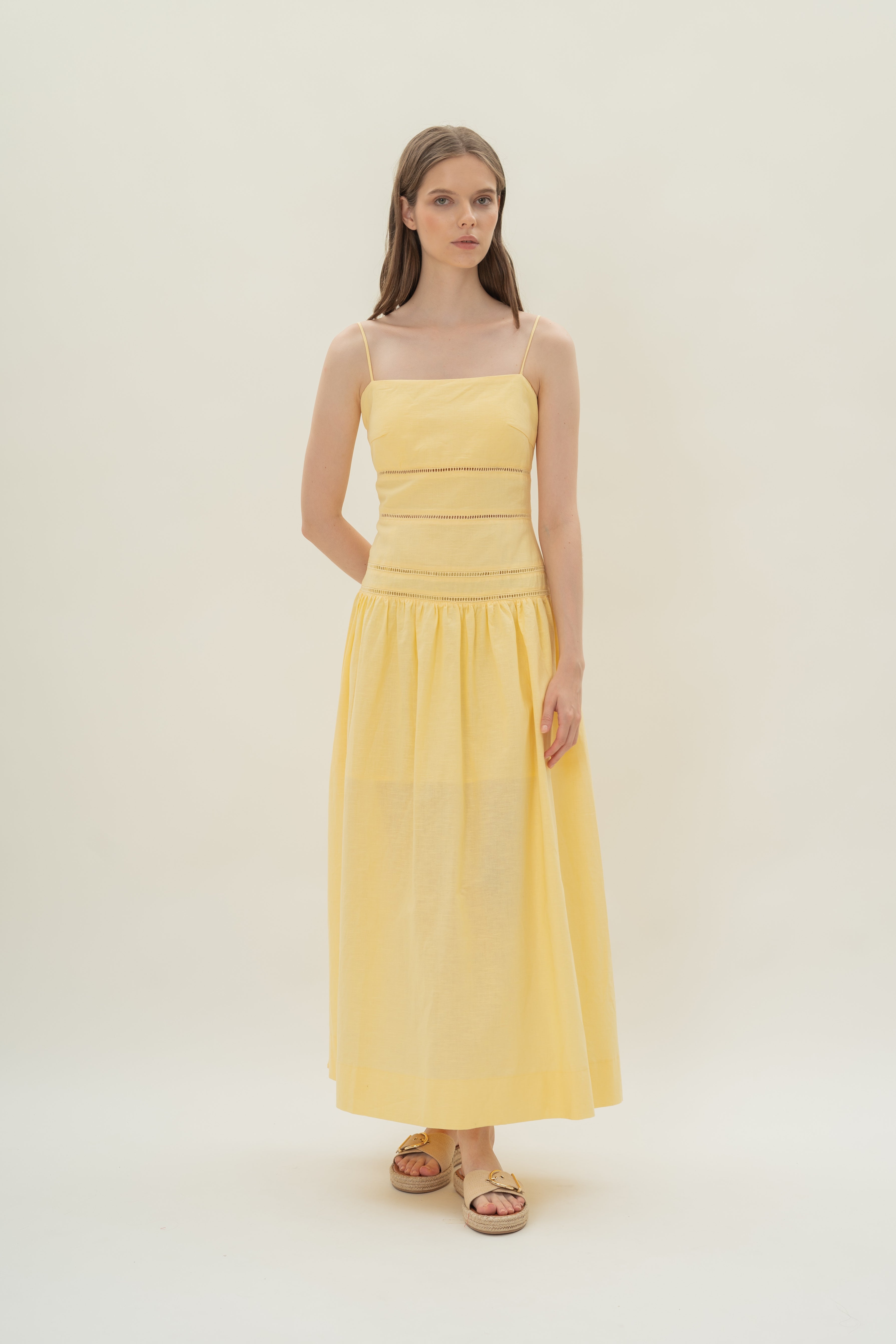 Linen Padded Tiered Sundress in Lemon