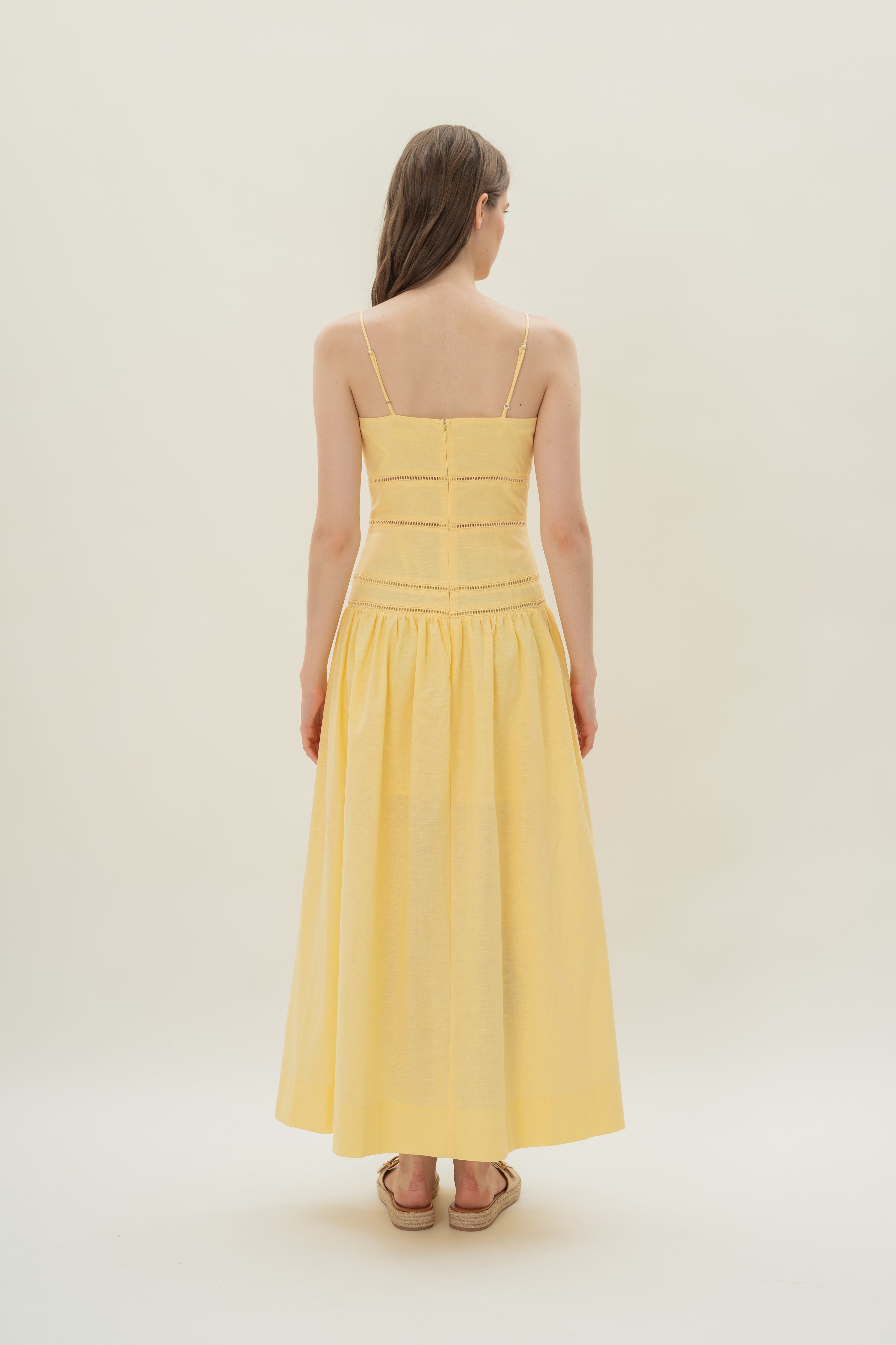 Linen Padded Tiered Sundress in Lemon