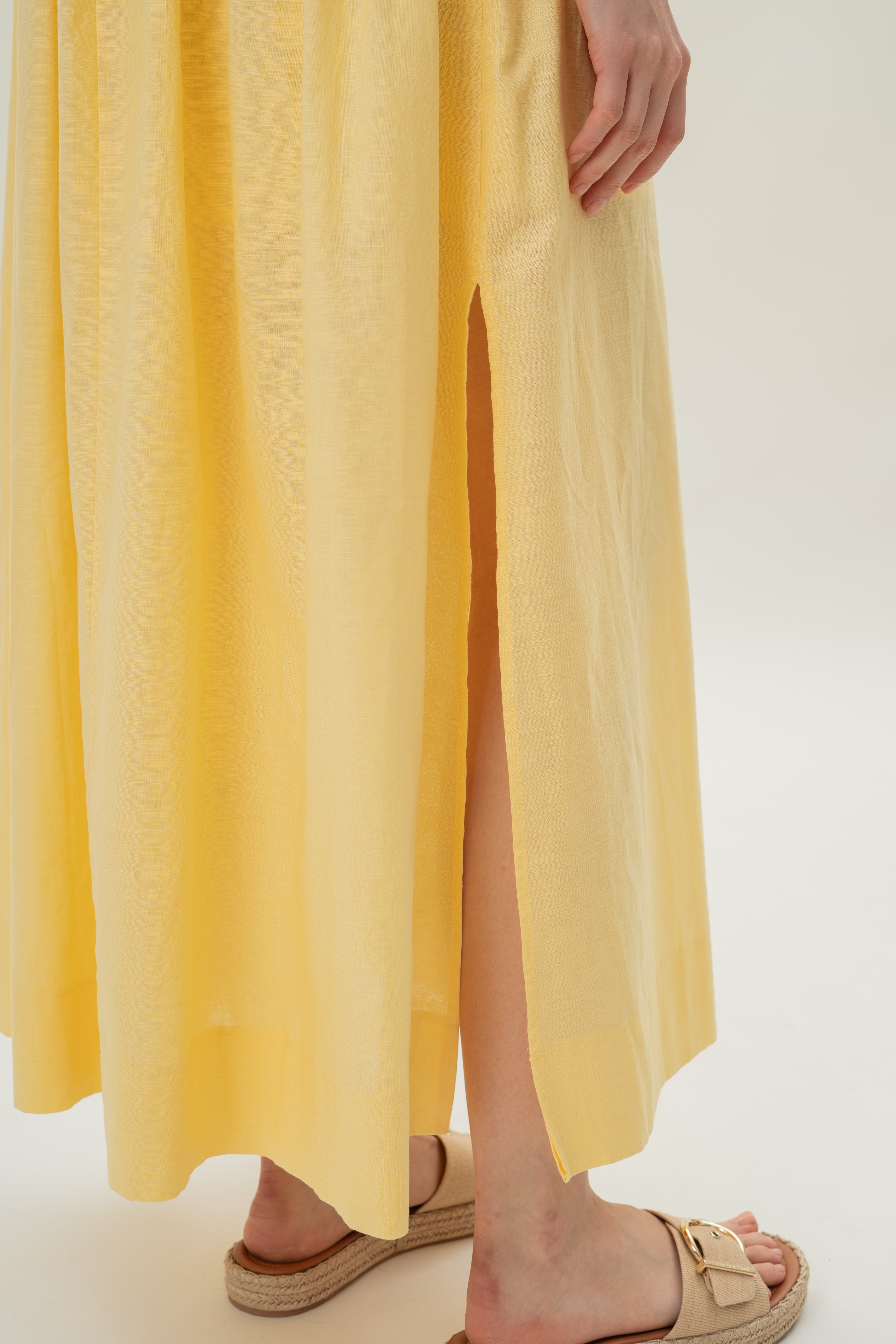 Linen Padded Tiered Sundress in Lemon