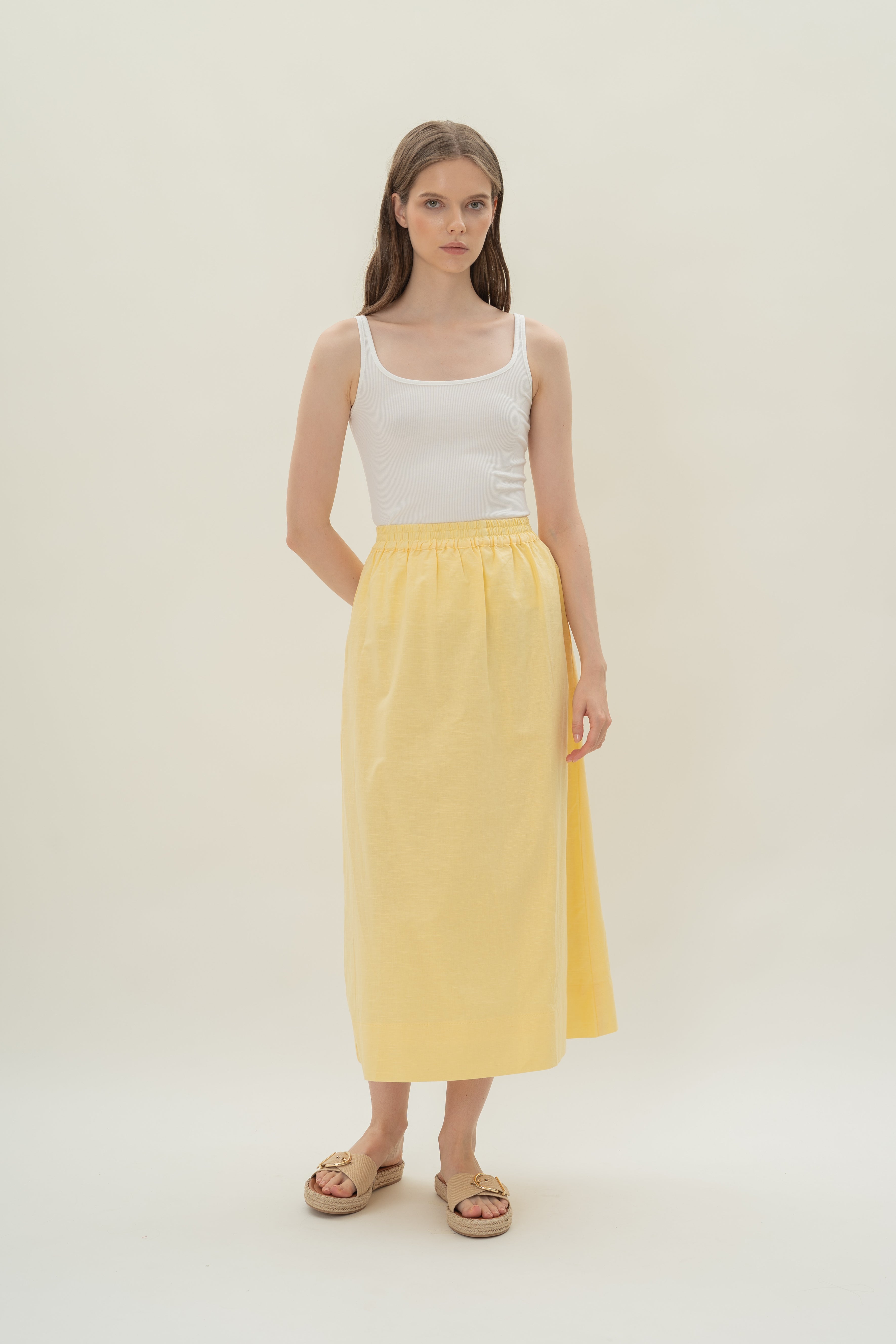 Linen Gathered Waist Skirt in Lemon