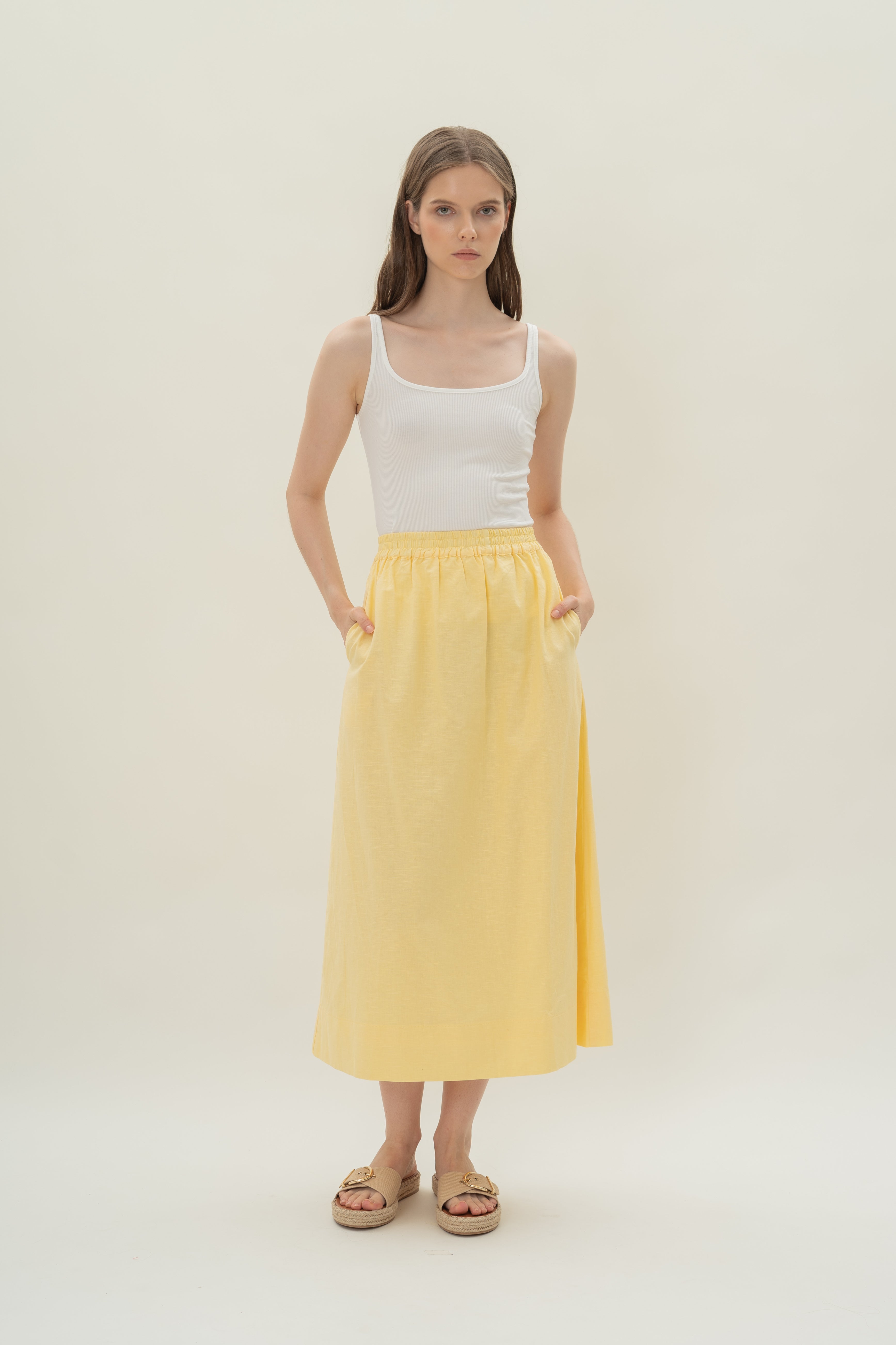 Linen Gathered Waist Skirt in Lemon