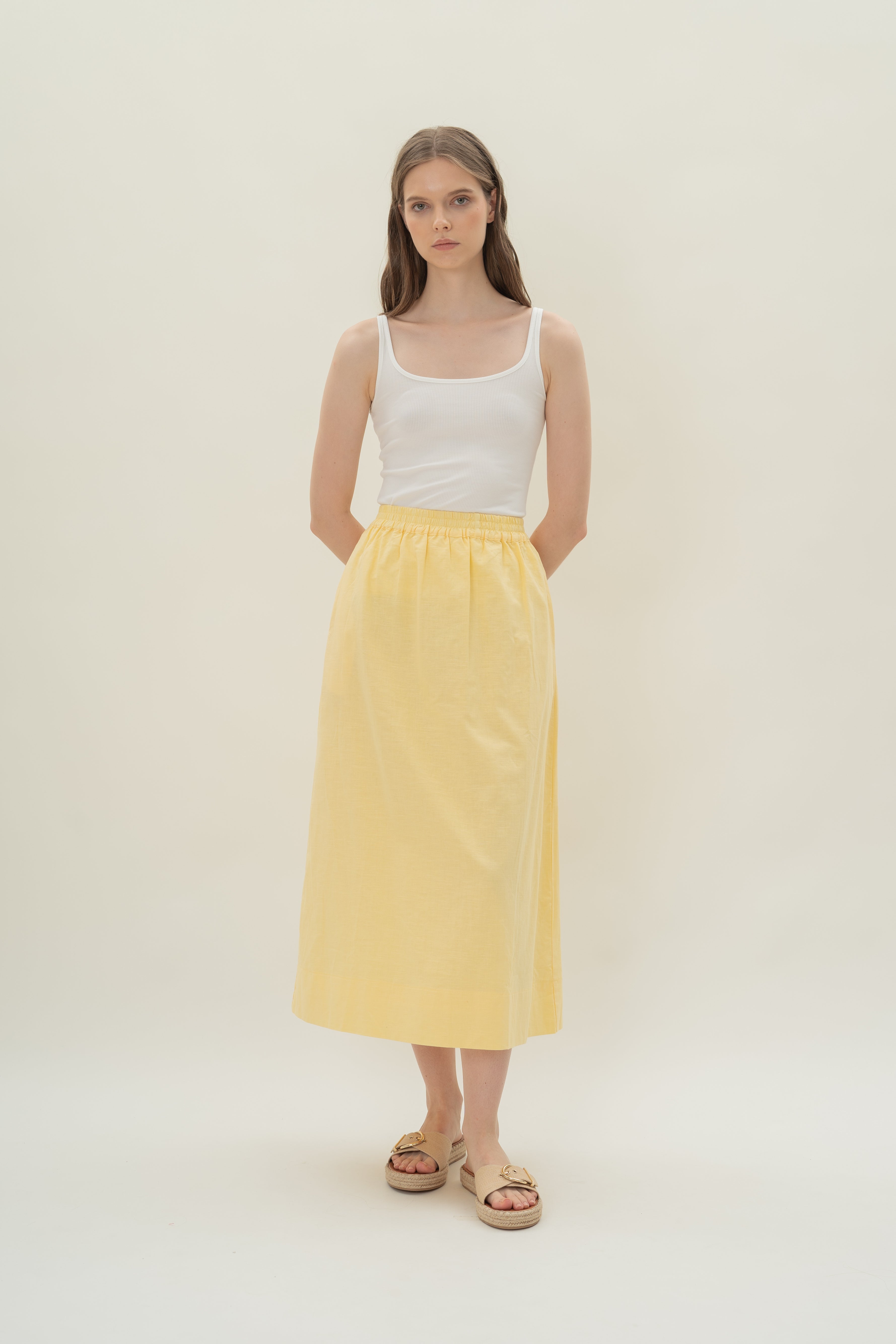 Linen Gathered Waist Skirt in Lemon