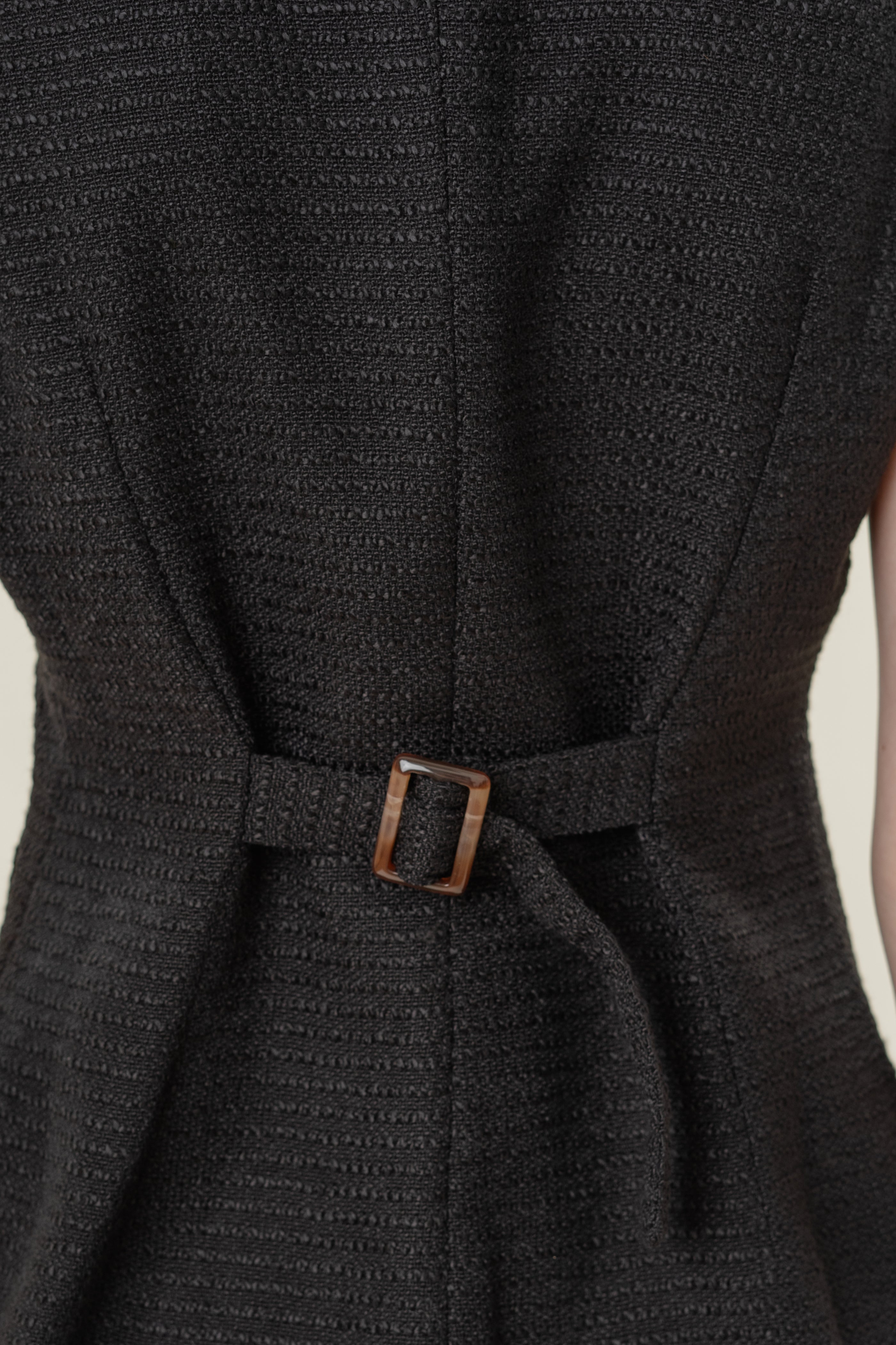 Textured Long Round Neck Waistcoat in Tweed Black with Detachable Bow