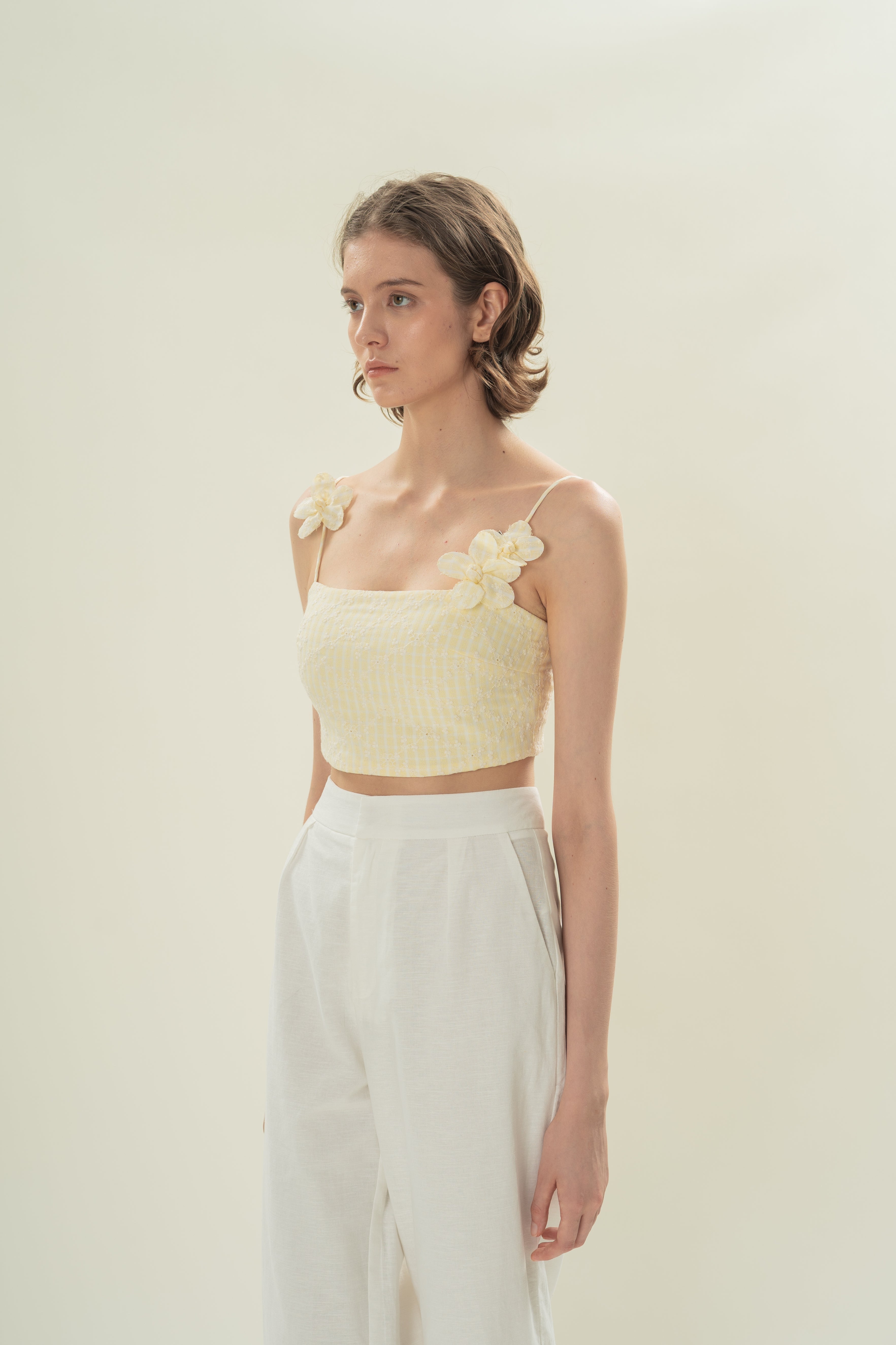 Straight Neck Bustier Top With Detachable Florals in Yellow