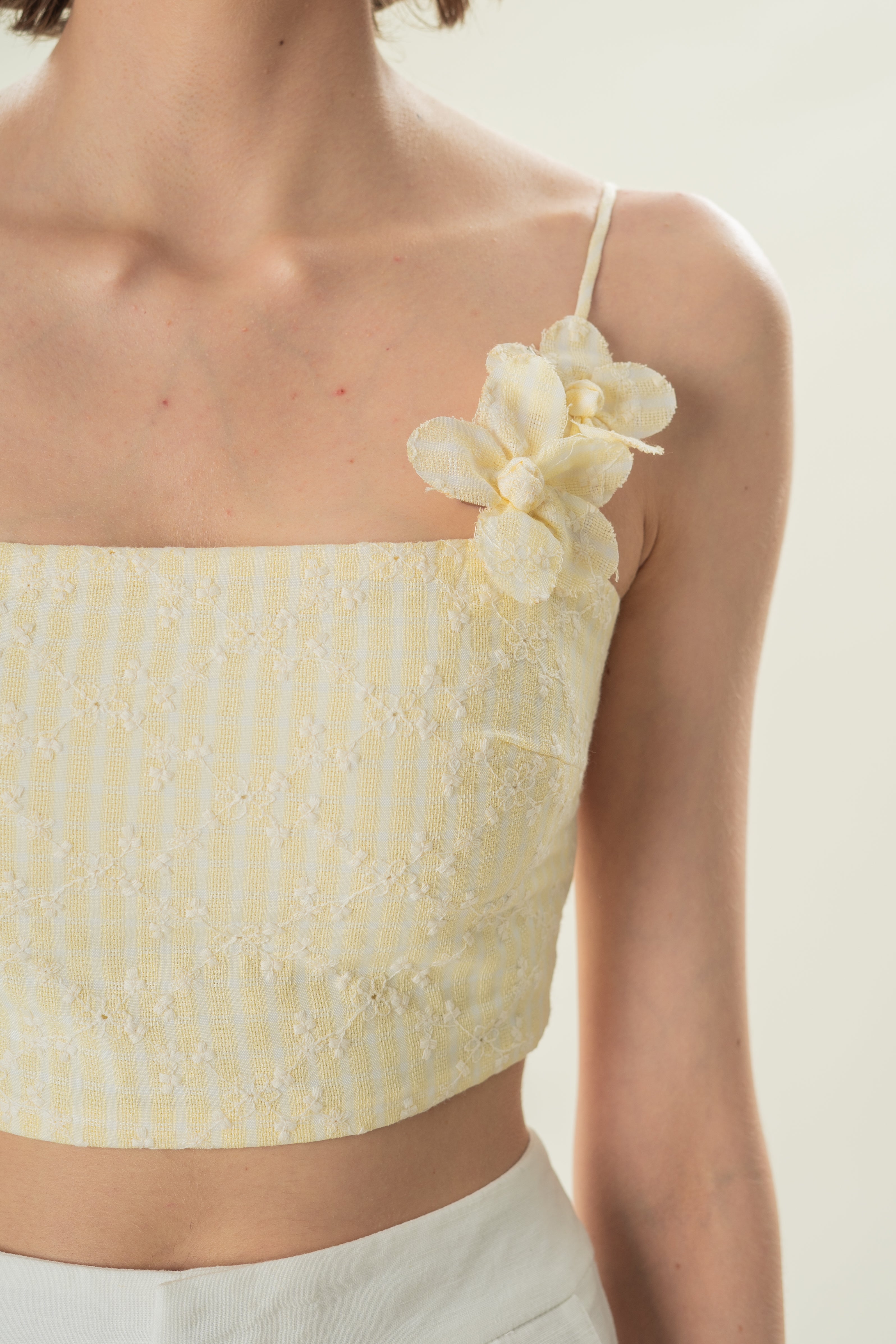 Straight Neck Bustier Top With Detachable Florals in Yellow