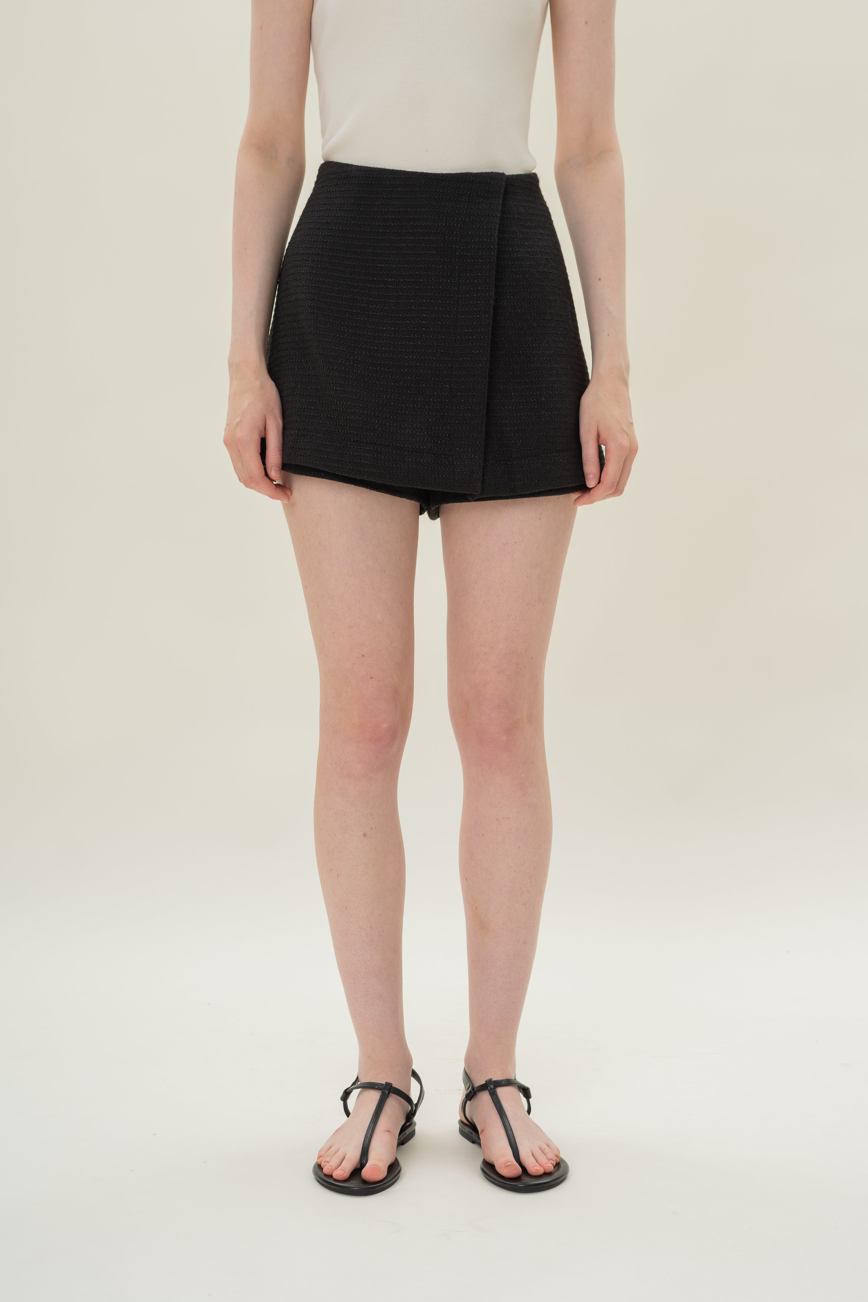 Textured Wrap Skort in Tweed Black