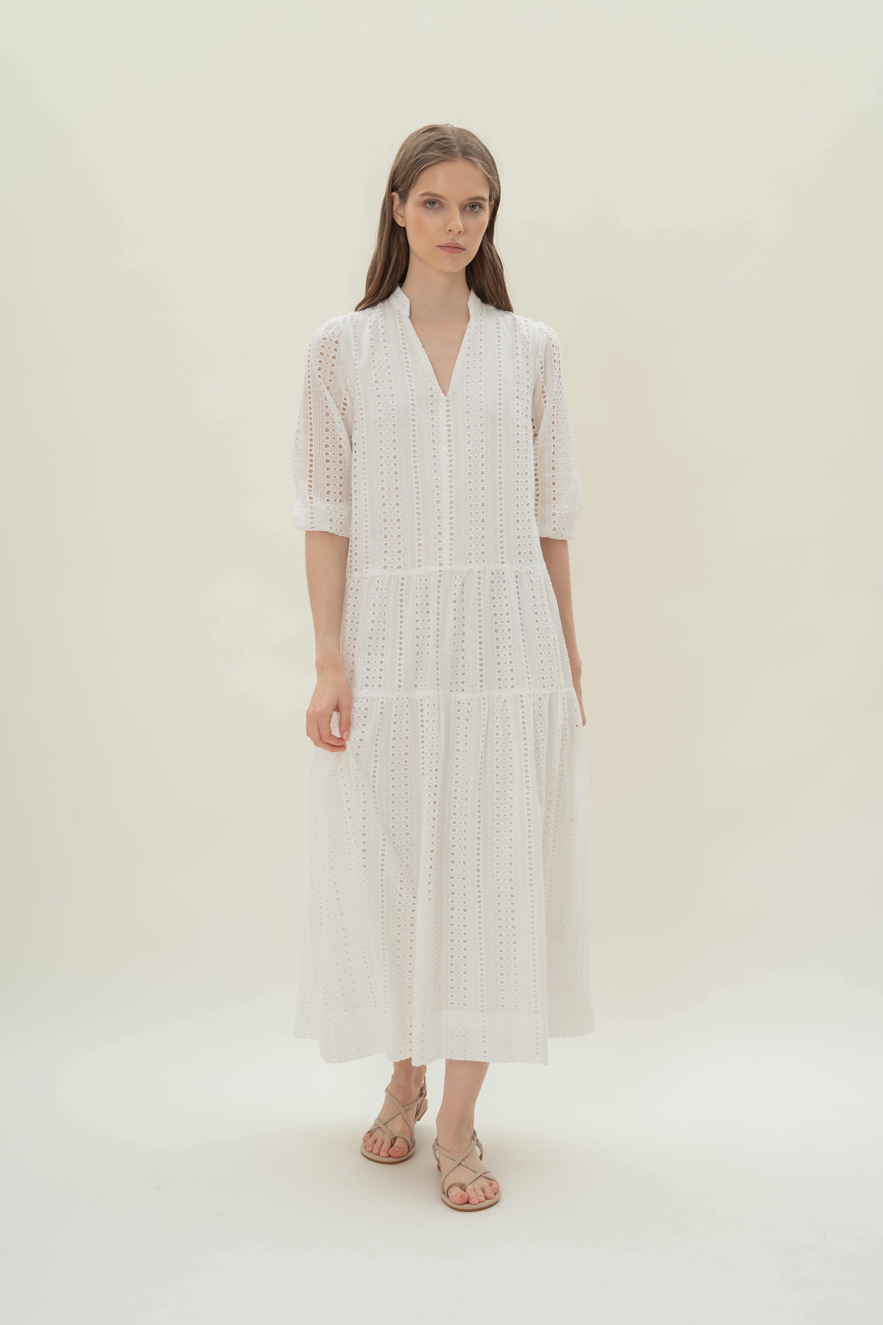 Broderie Anglaise Tiered Maxi Dress in White