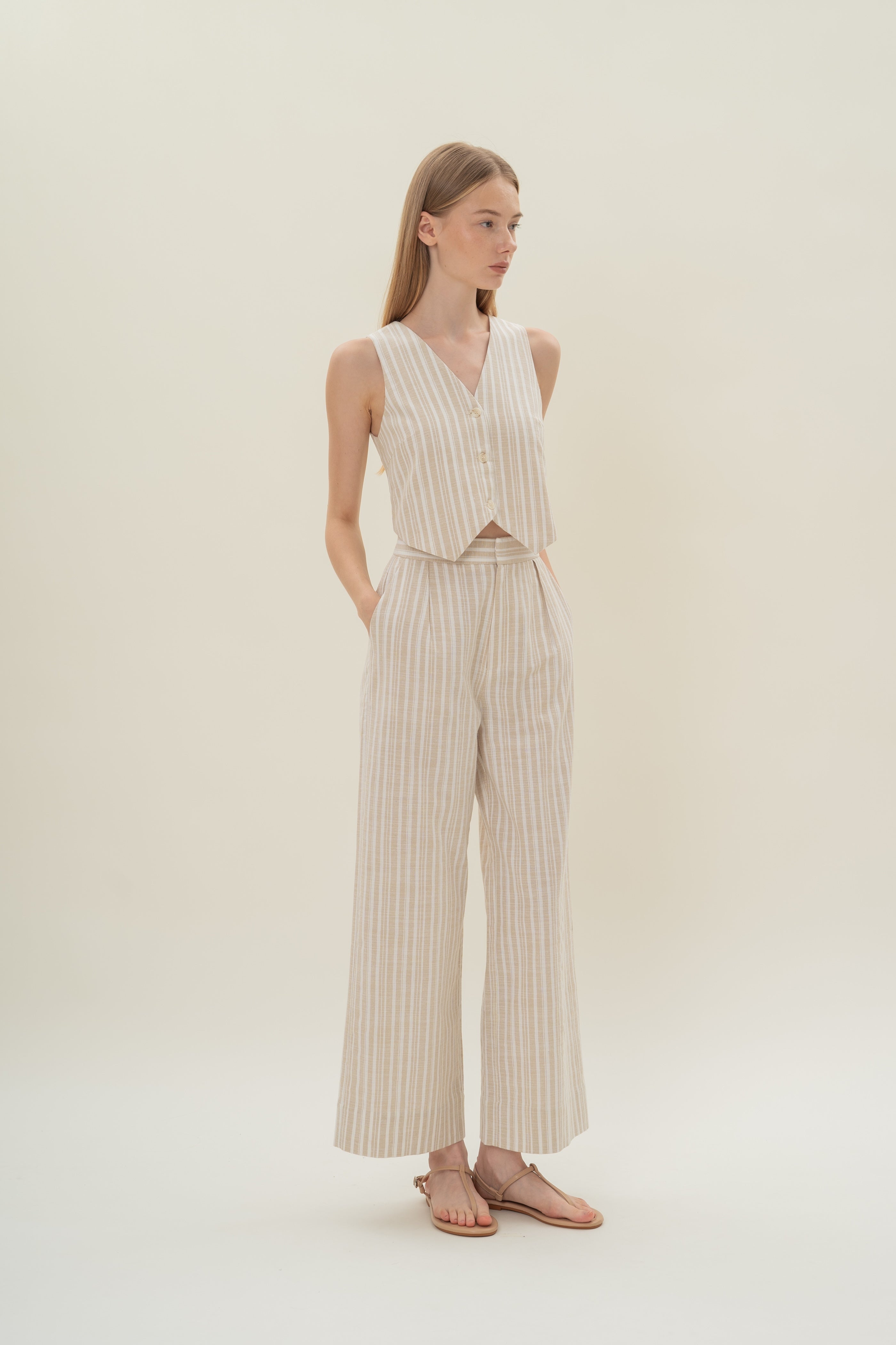 Pleated Linen Trousers in Oasis Stripes