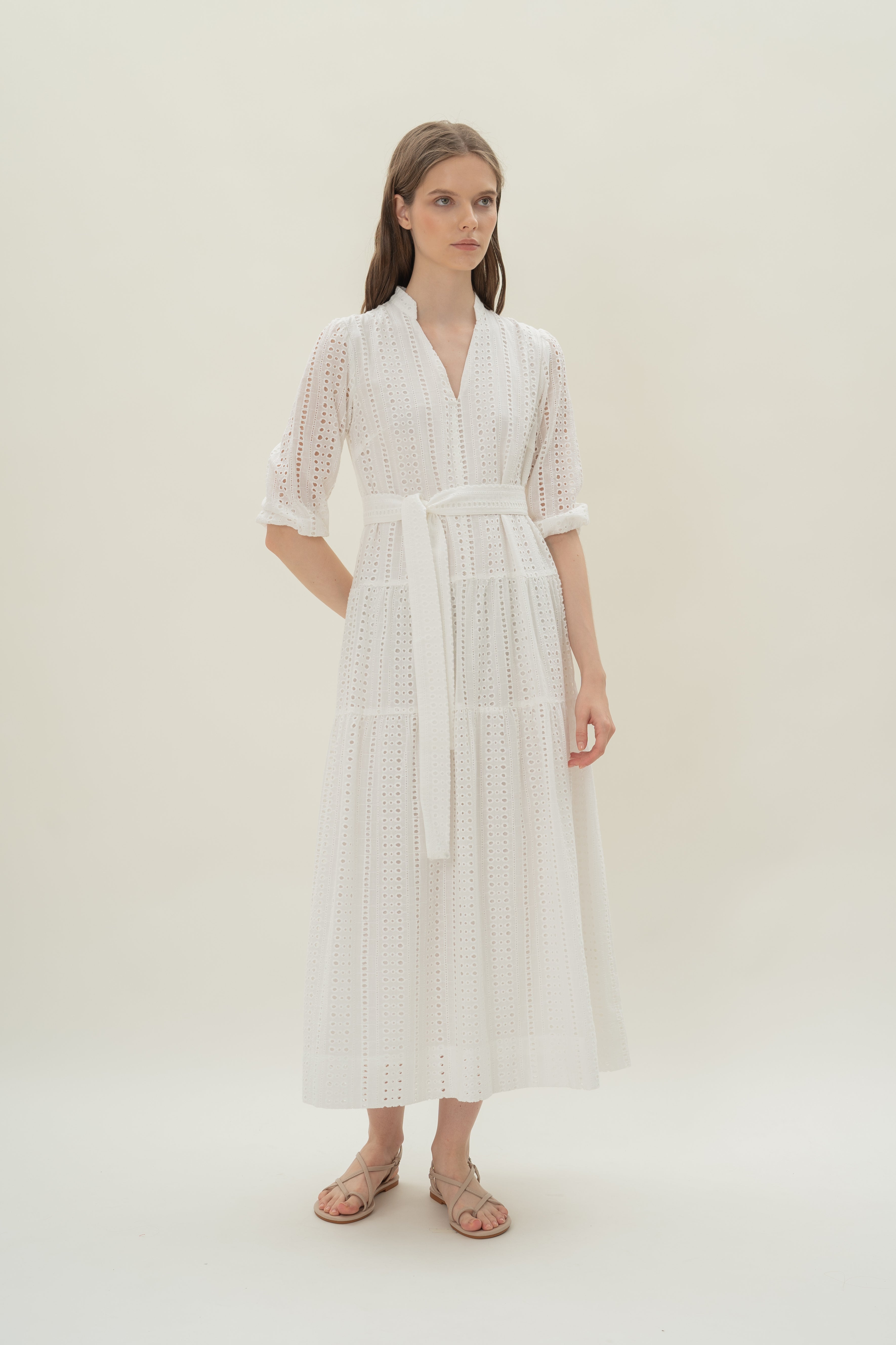 Broderie Anglaise Tiered Maxi Dress in White