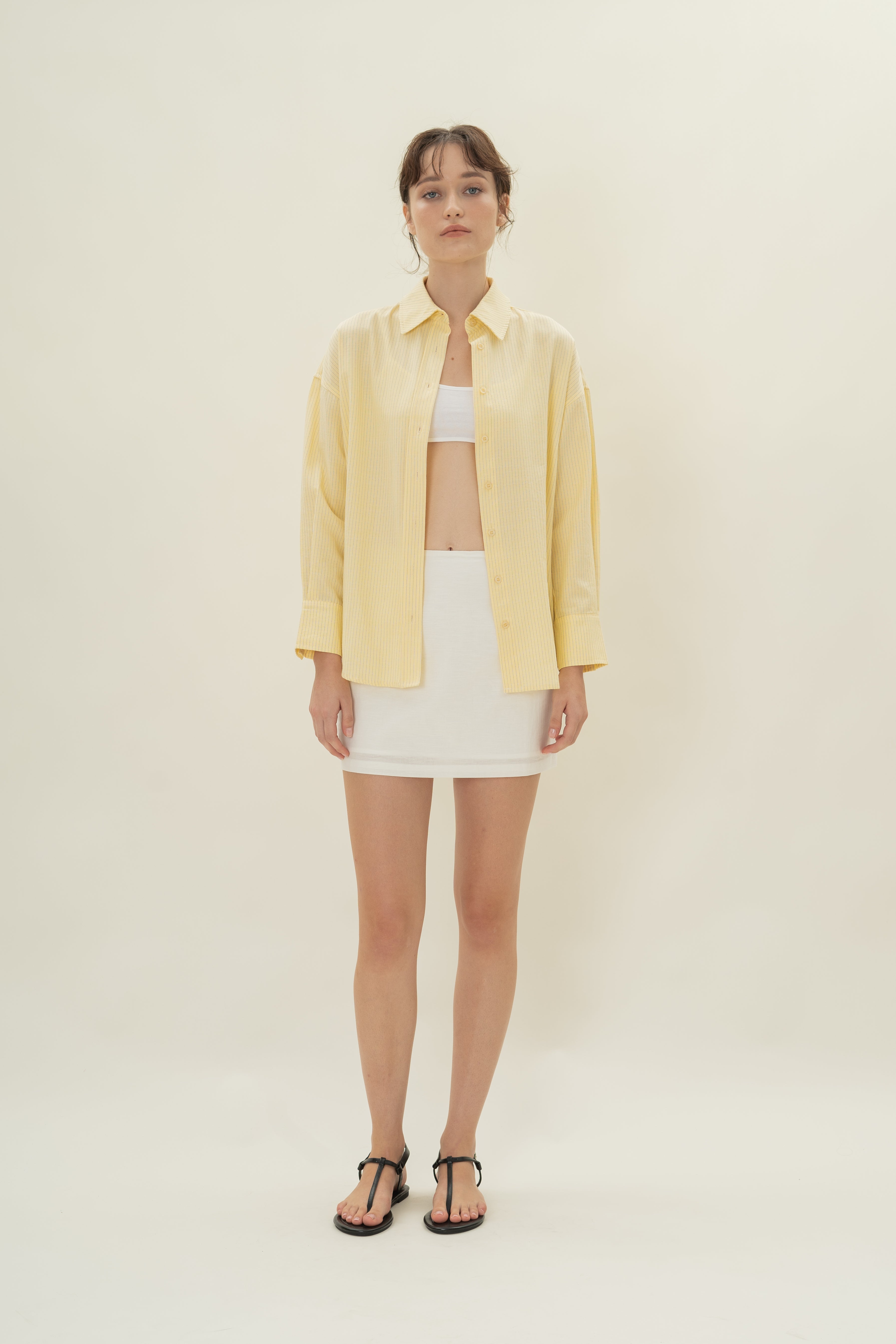 Cruise Long Sleeved Shirt in Linen Blend Lemon Stripes