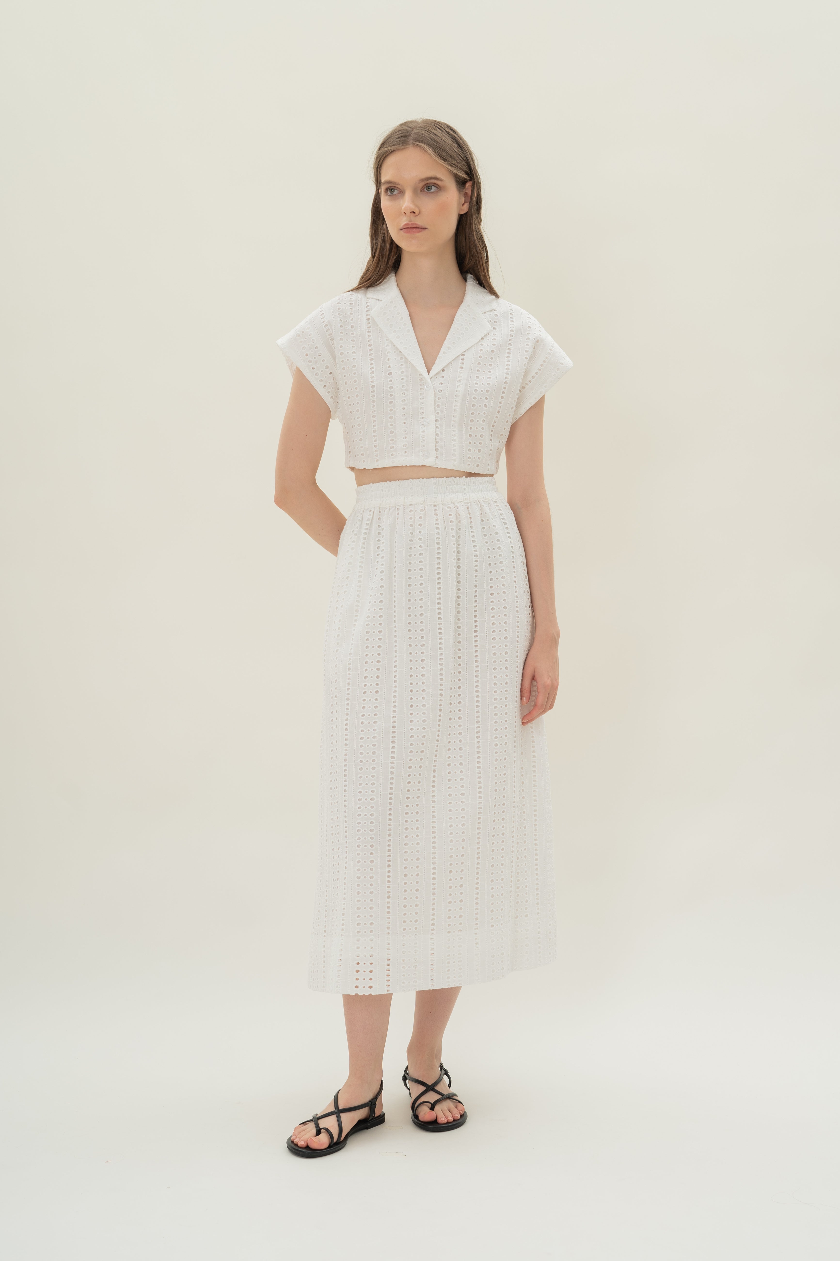 Broderie Anglaise Cropped Lapel Shirt in White