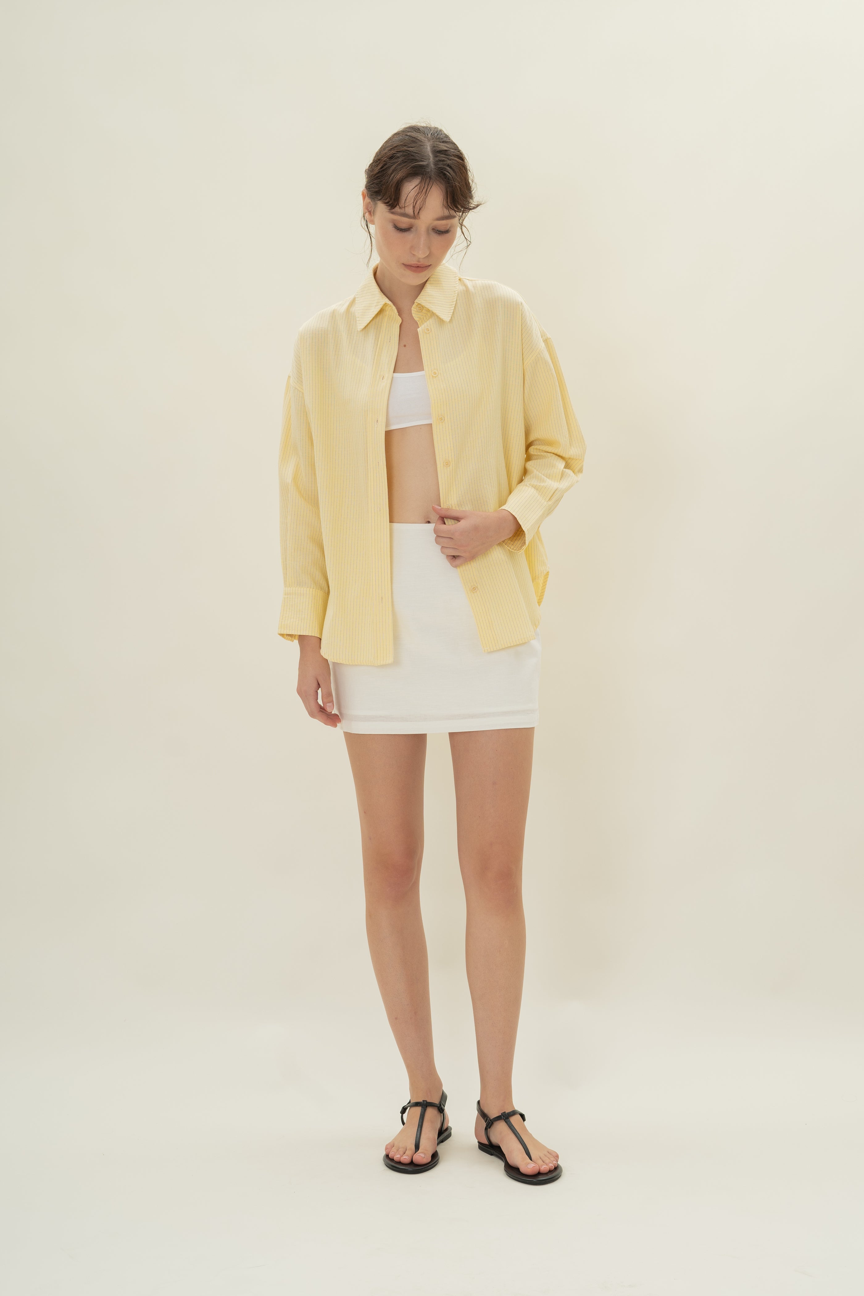 Cruise Long Sleeved Shirt in Linen Blend Lemon Stripes