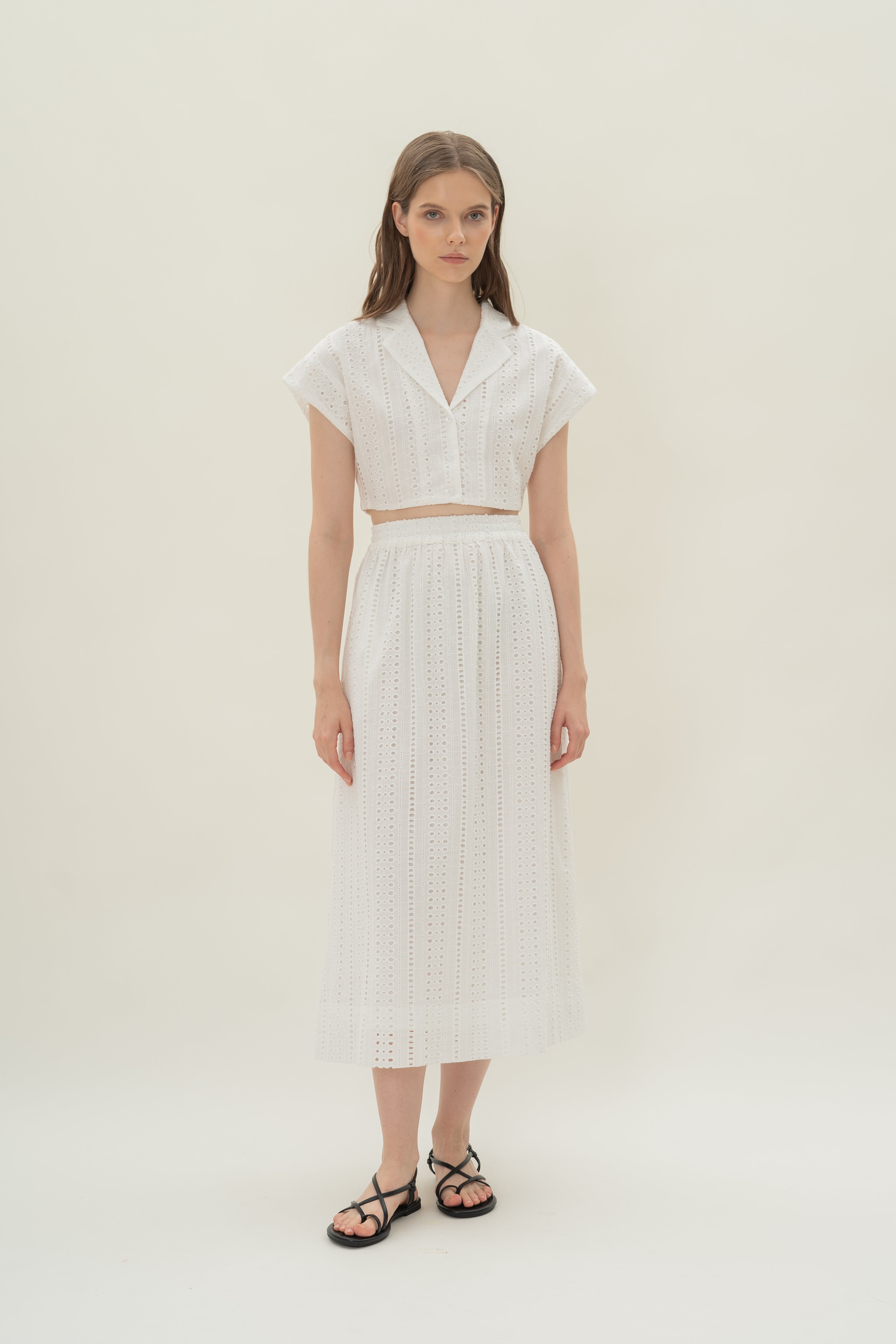 Broderie Anglaise Cropped Lapel Shirt in White