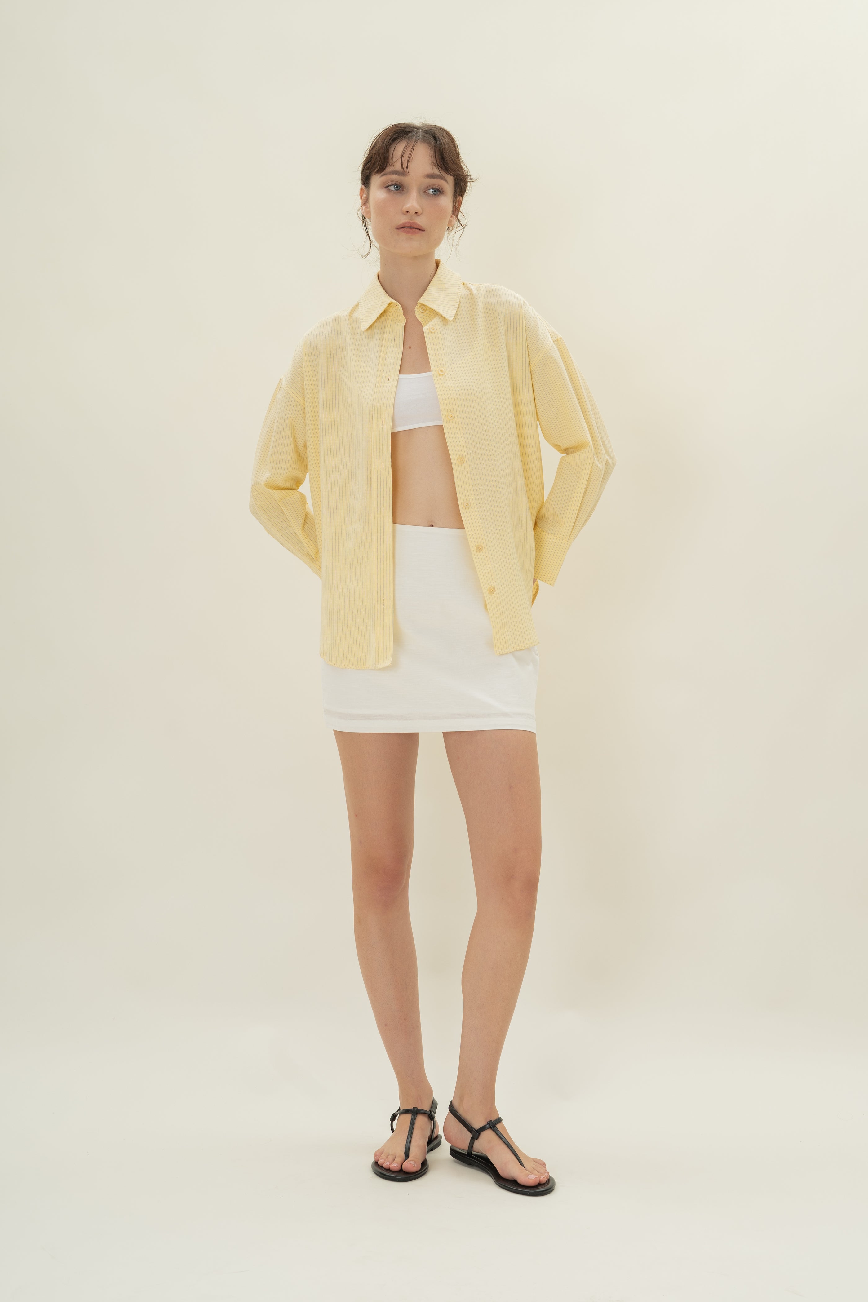 Cruise Long Sleeved Shirt in Linen Blend Lemon Stripes