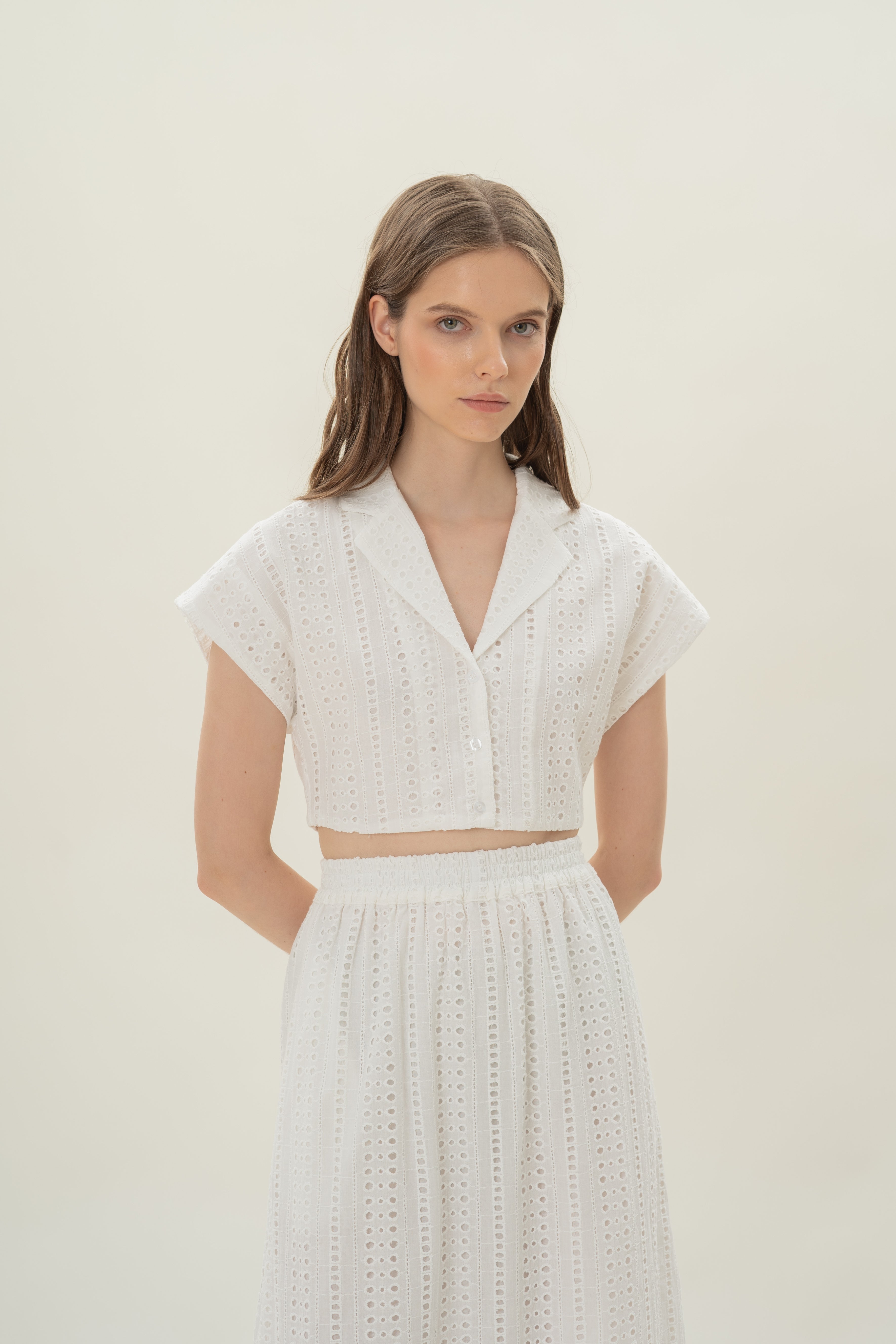 Broderie Anglaise Cropped Lapel Shirt in White