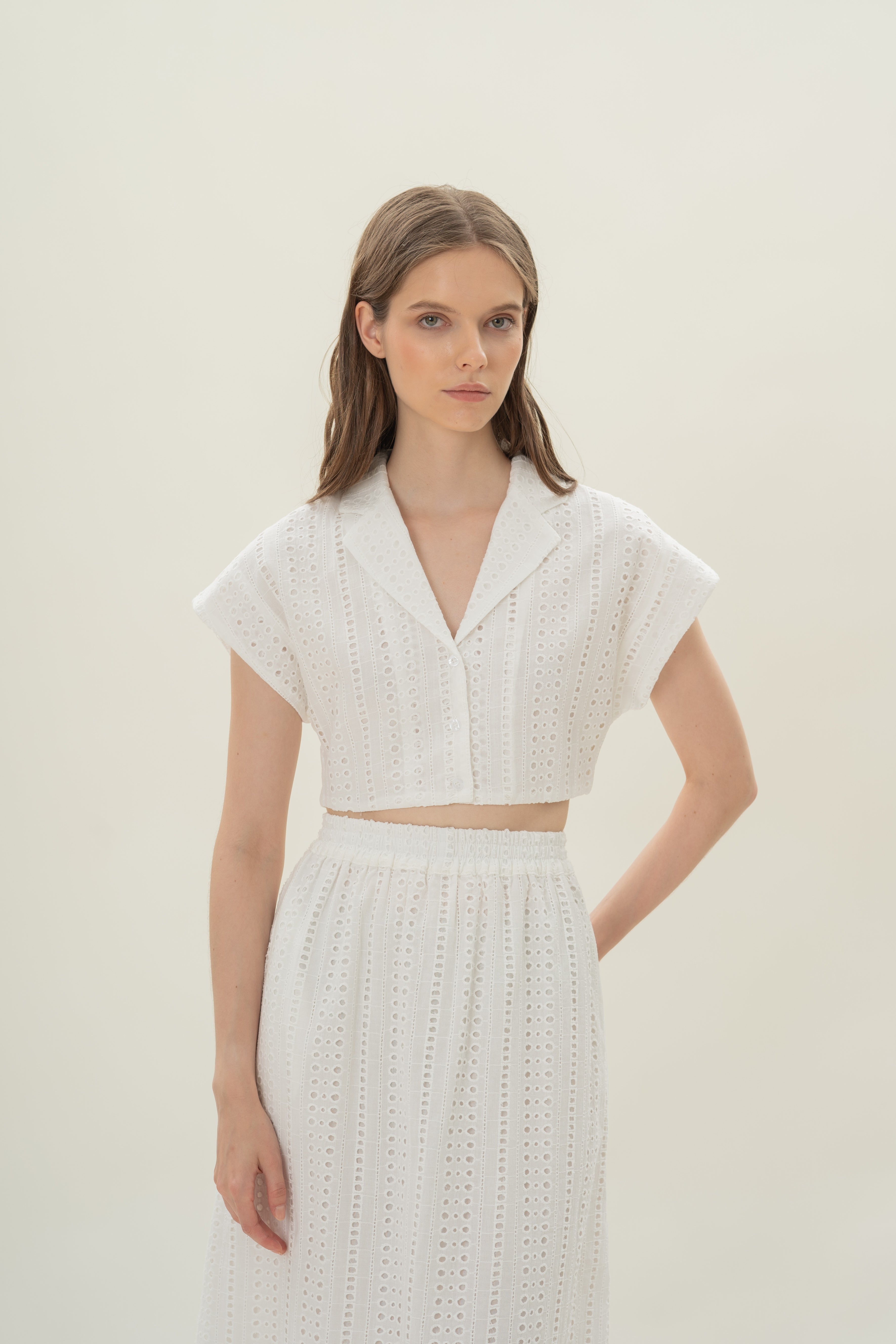 Broderie Anglaise Cropped Lapel Shirt in White