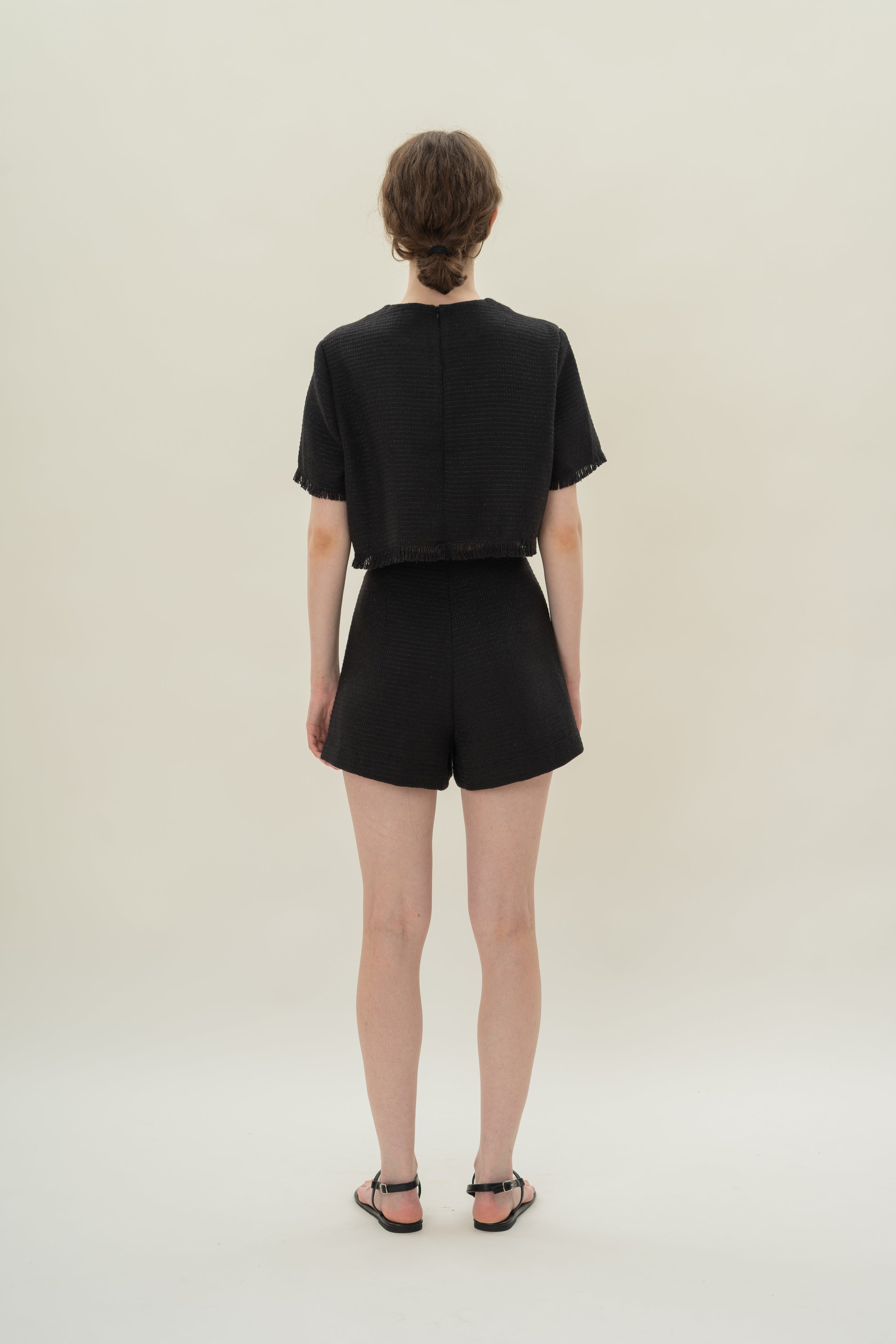 Frayed Hem Textured Short Sleeved Top in Tweed Black