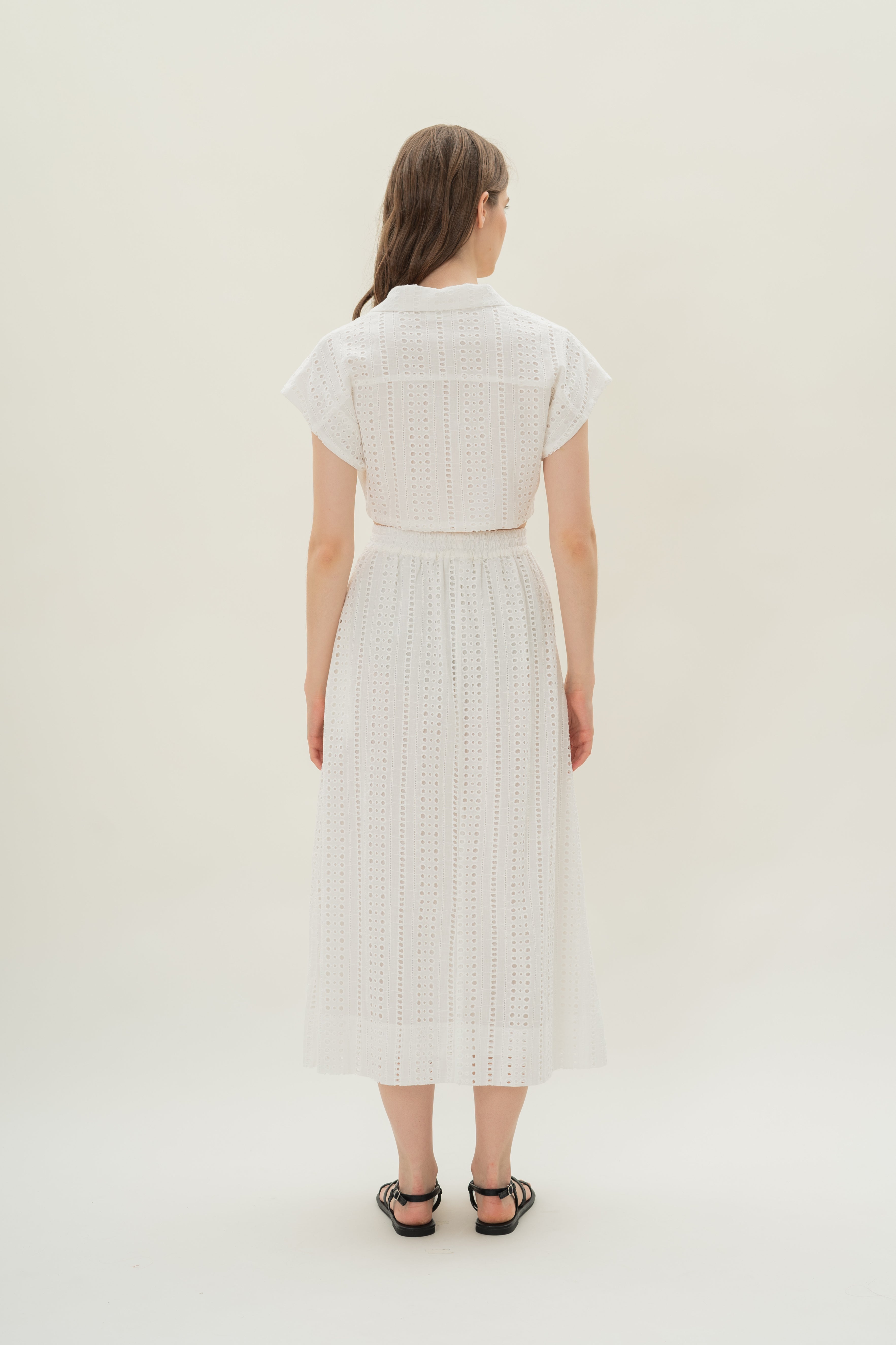 Broderie Anglaise Cropped Lapel Shirt in White