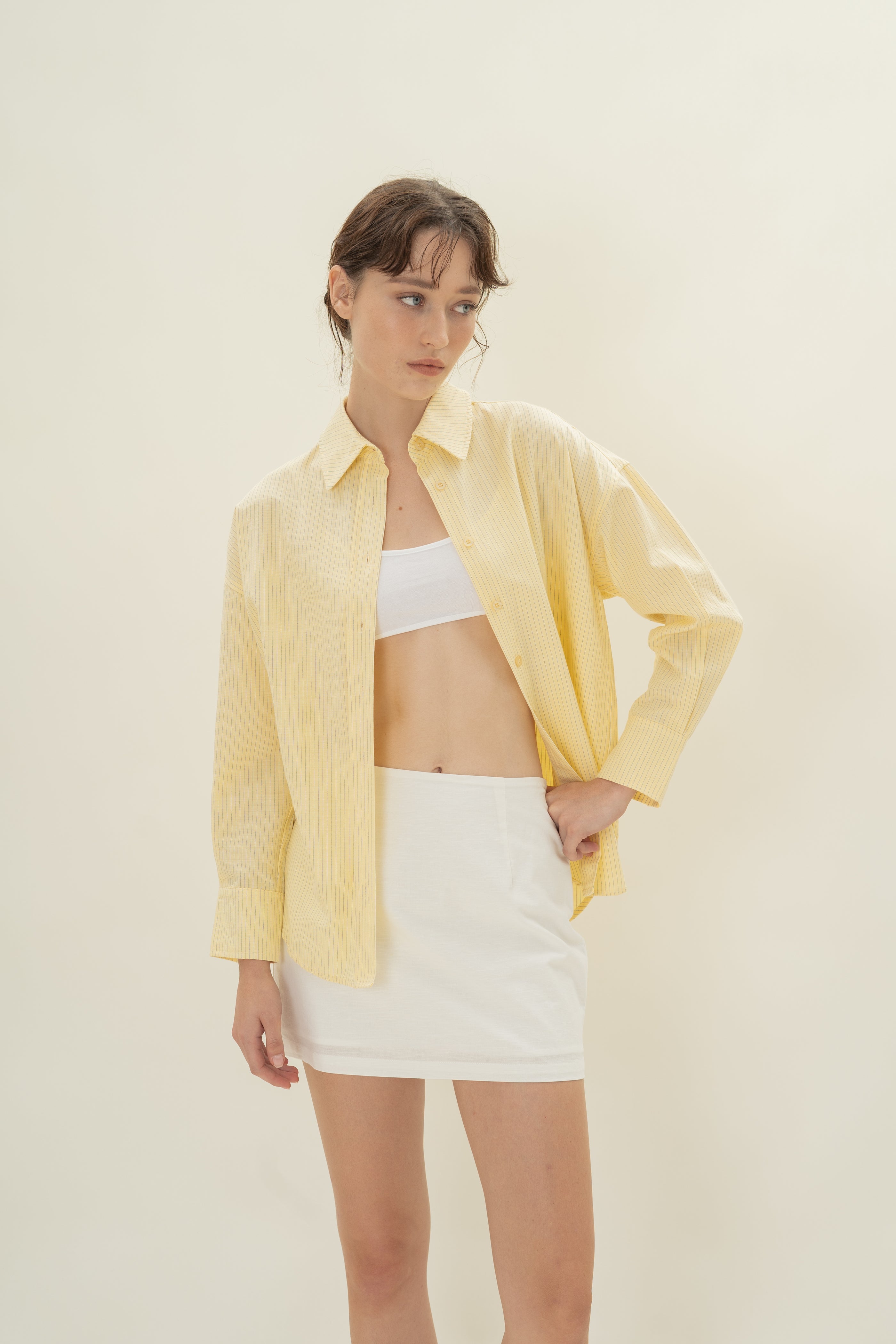 Cruise Long Sleeved Shirt in Linen Blend Lemon Stripes