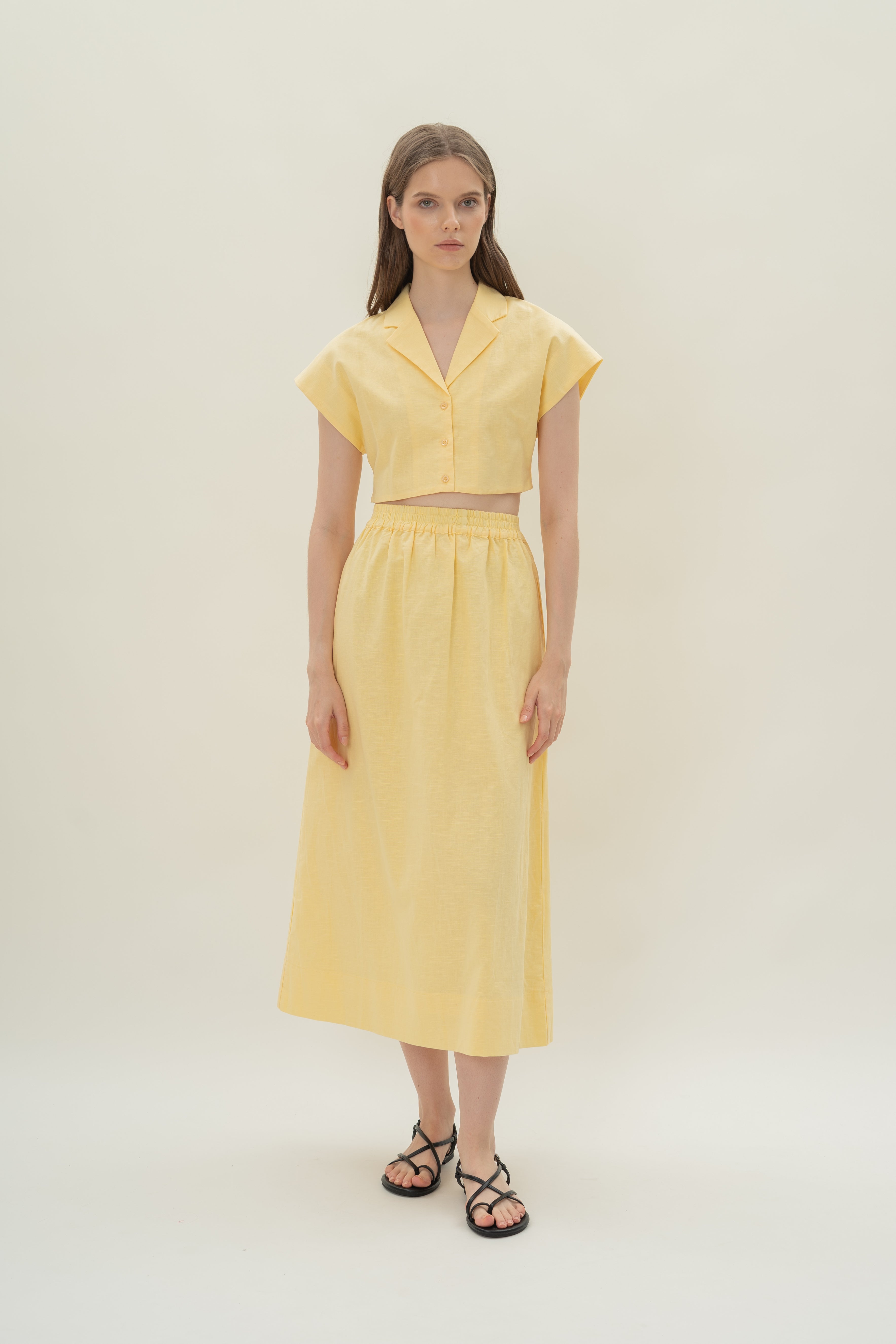 Linen Cropped Lapel Shirt in Lemon